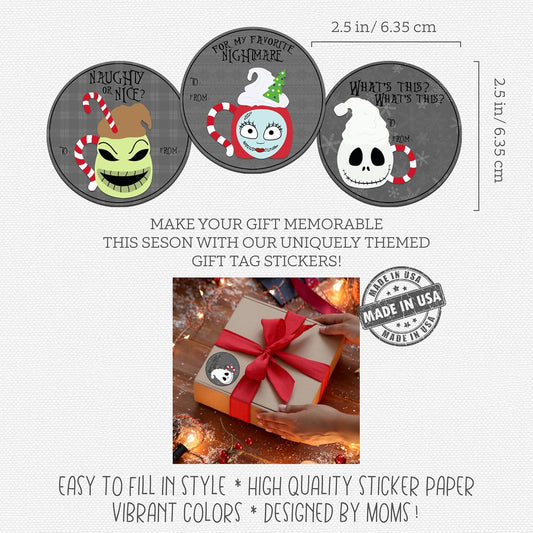 Nightmare Before Christmas Themed Gift Tag Stickers for Presents Pull Stick Labels (24 Included)