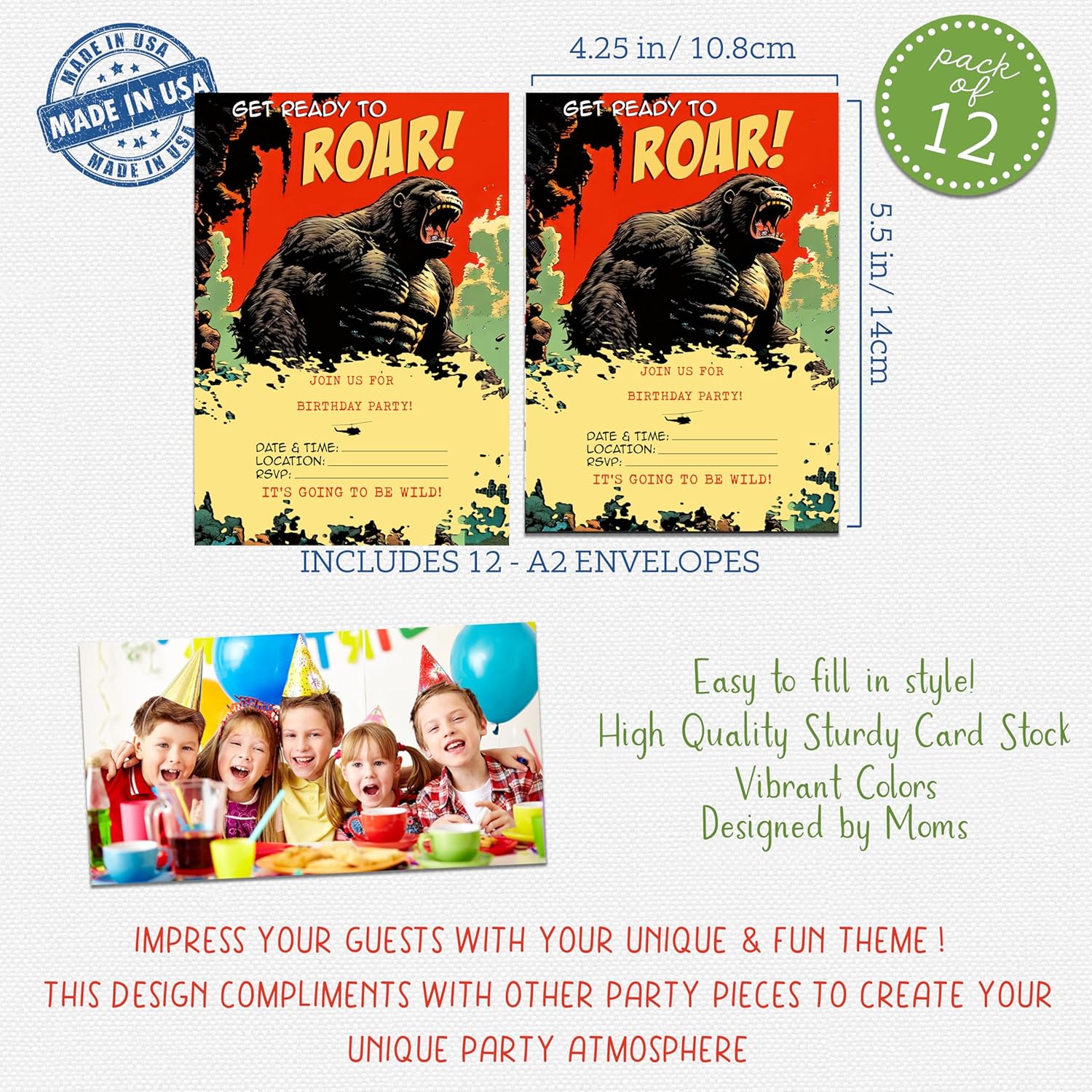 Vintage Gorilla Comic Book Type Party Supply Invitations with Envelopes