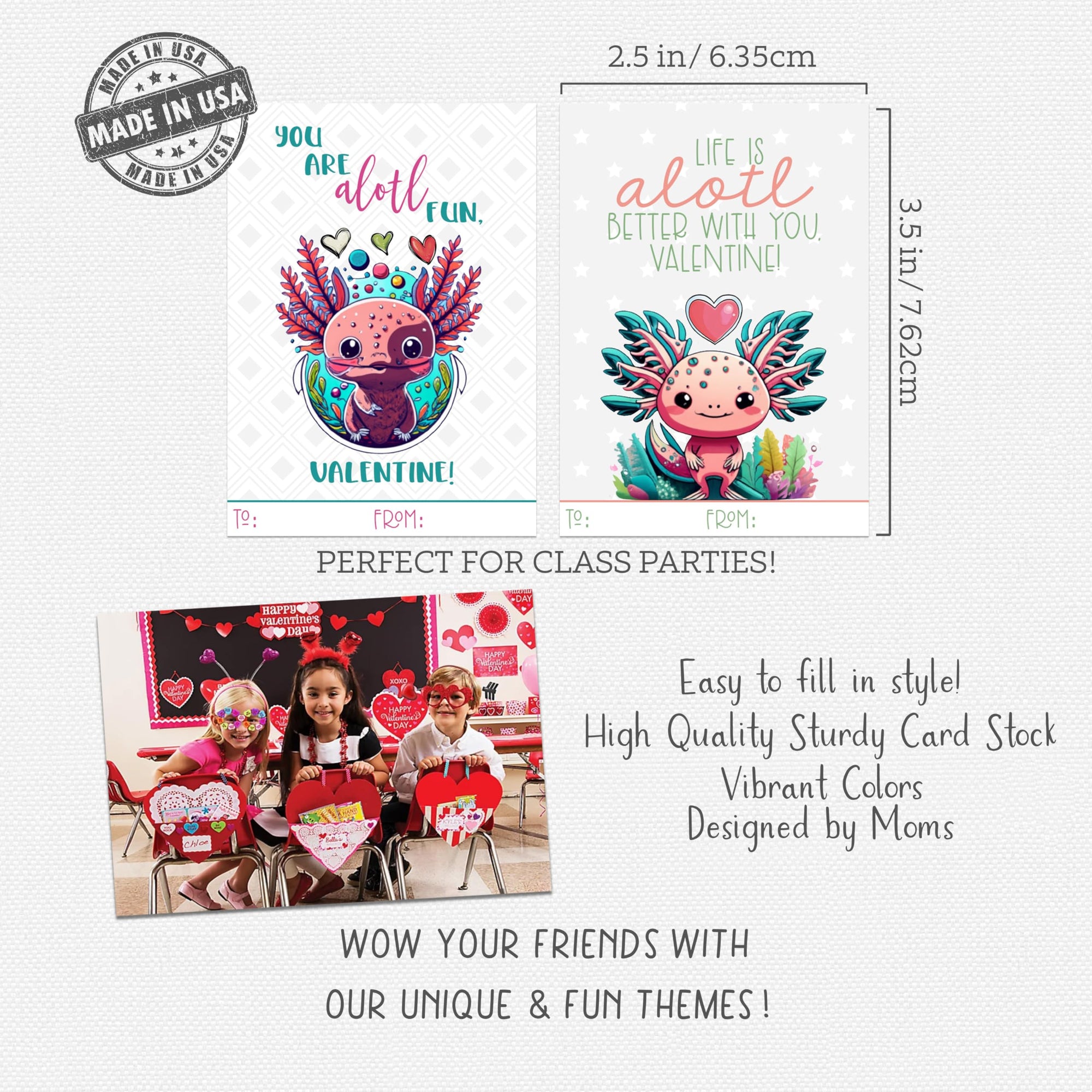 Axolotl Watercolor Themed Valentines Day Card for Kids School Classroom Exchange
