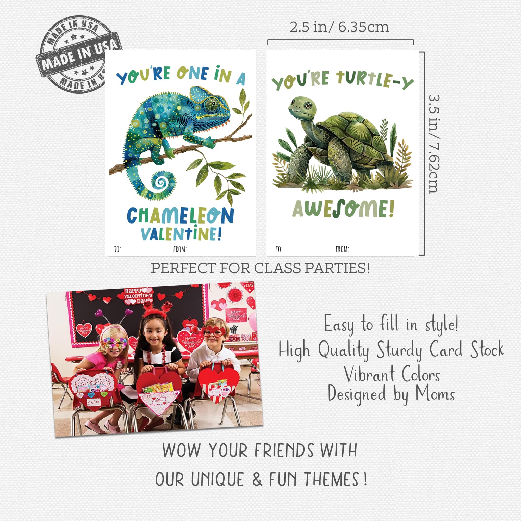 Reptile Valentine Day Classroom Sharing Cards (Set of 24) Valentine's Class Party Exchange - Snake Frog Alligator Lizard Turtle