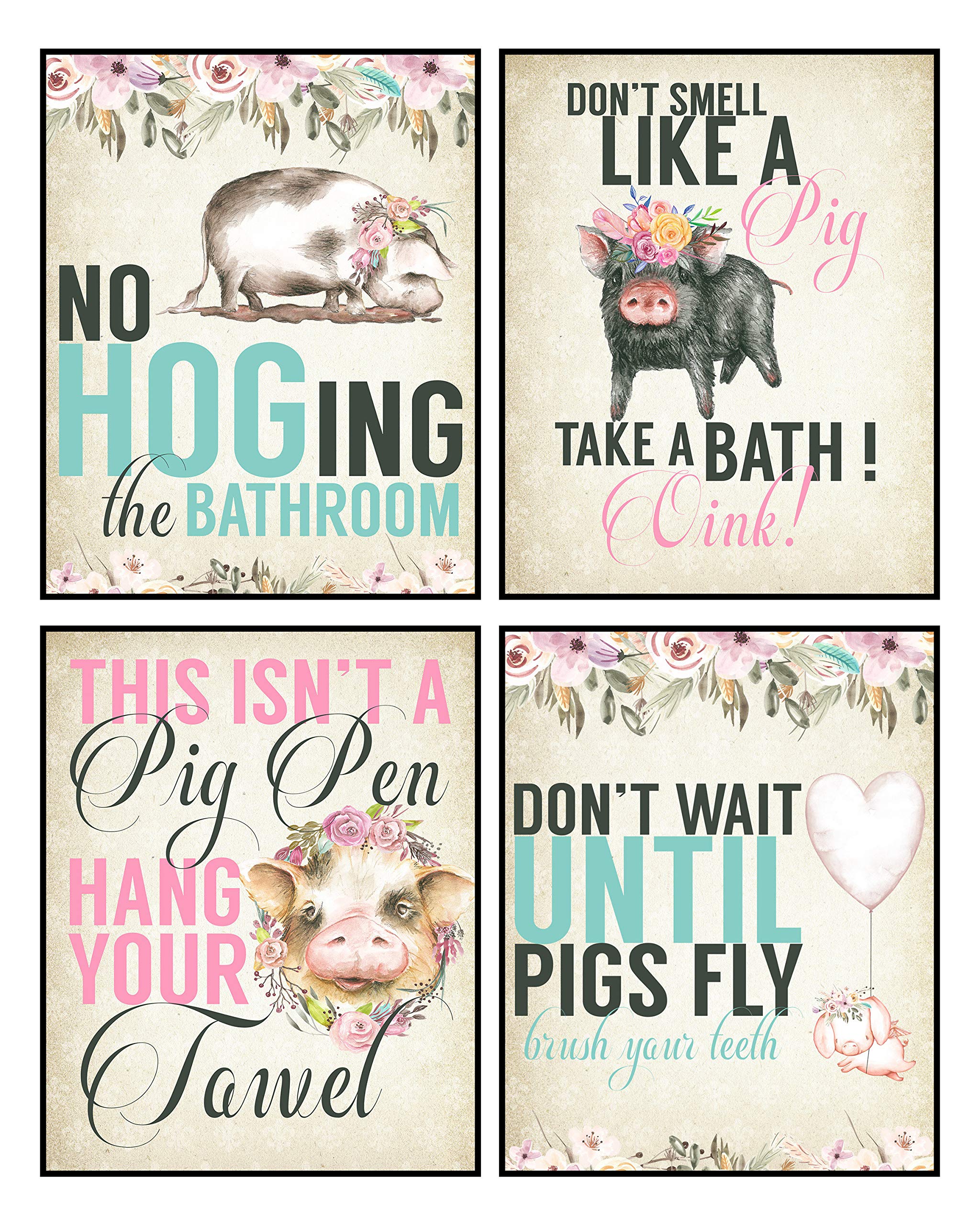 Hogs Pig Piggy Art Print Watercolor Design Wall Decor Set