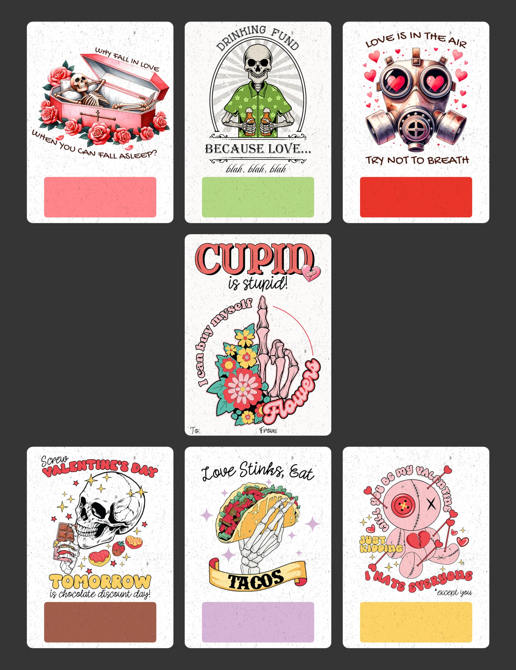 Set of six anti-Valentine money holder cards displayed together