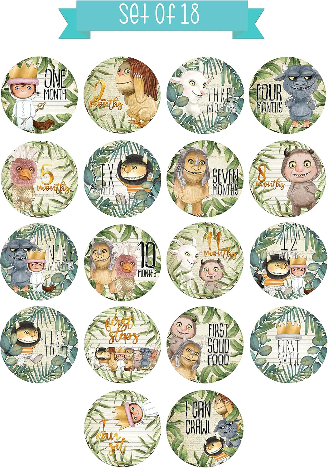 Darling Wild One Monster Character Themed Baby Milestone Stickers (Set of 18) Photo Prop Keepsake