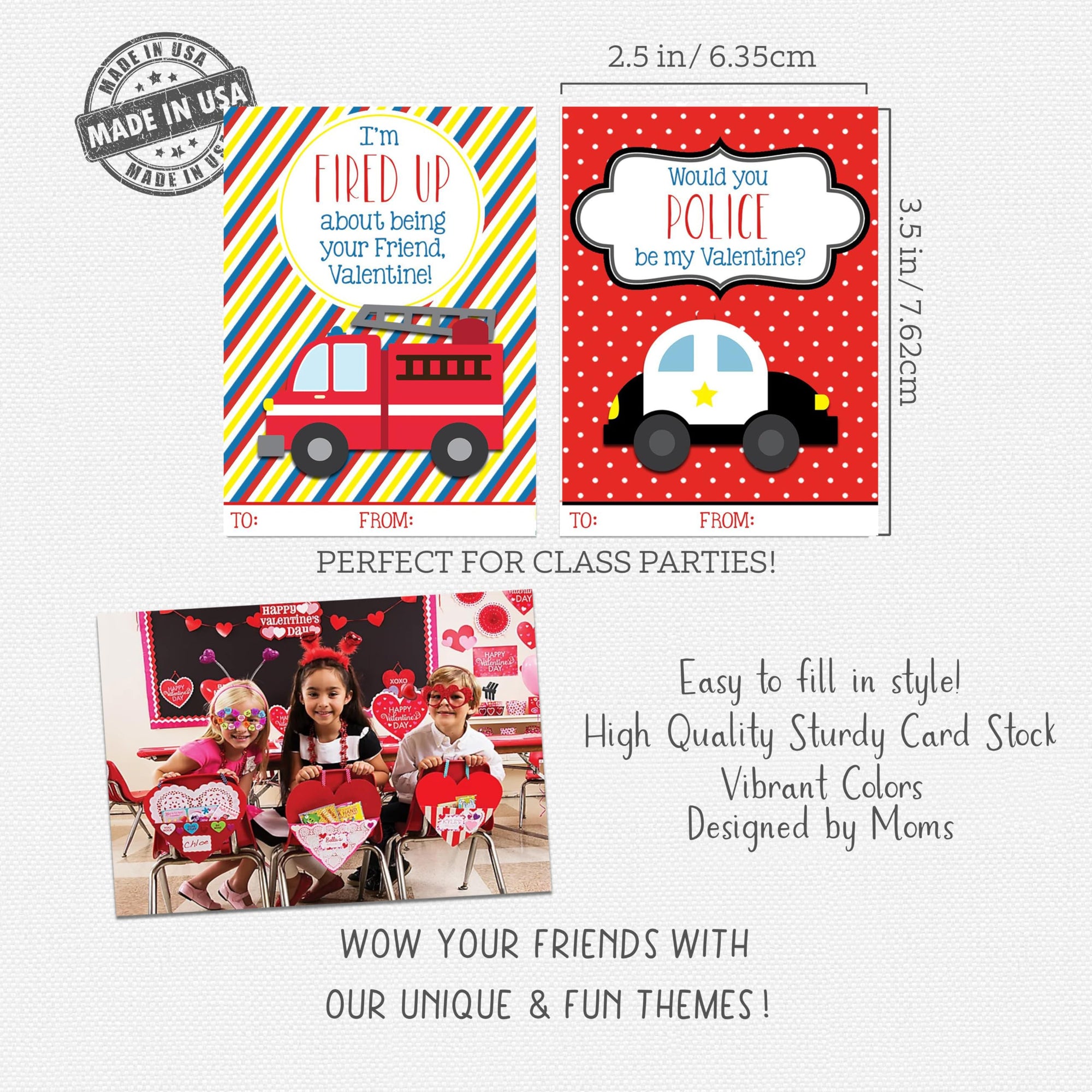 Emergency Vehicle Valentine Day Classroom Sharing Cards (Set of 25) Police Ambulence Firefighter Fire Truck Exchange