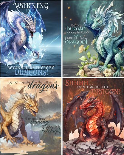 Silly Goose Gifts Funny Dragon Themed Wall Art Prints (Set of 4) Hanging Picture Poster Sign Room Decor 8x10in Fierce