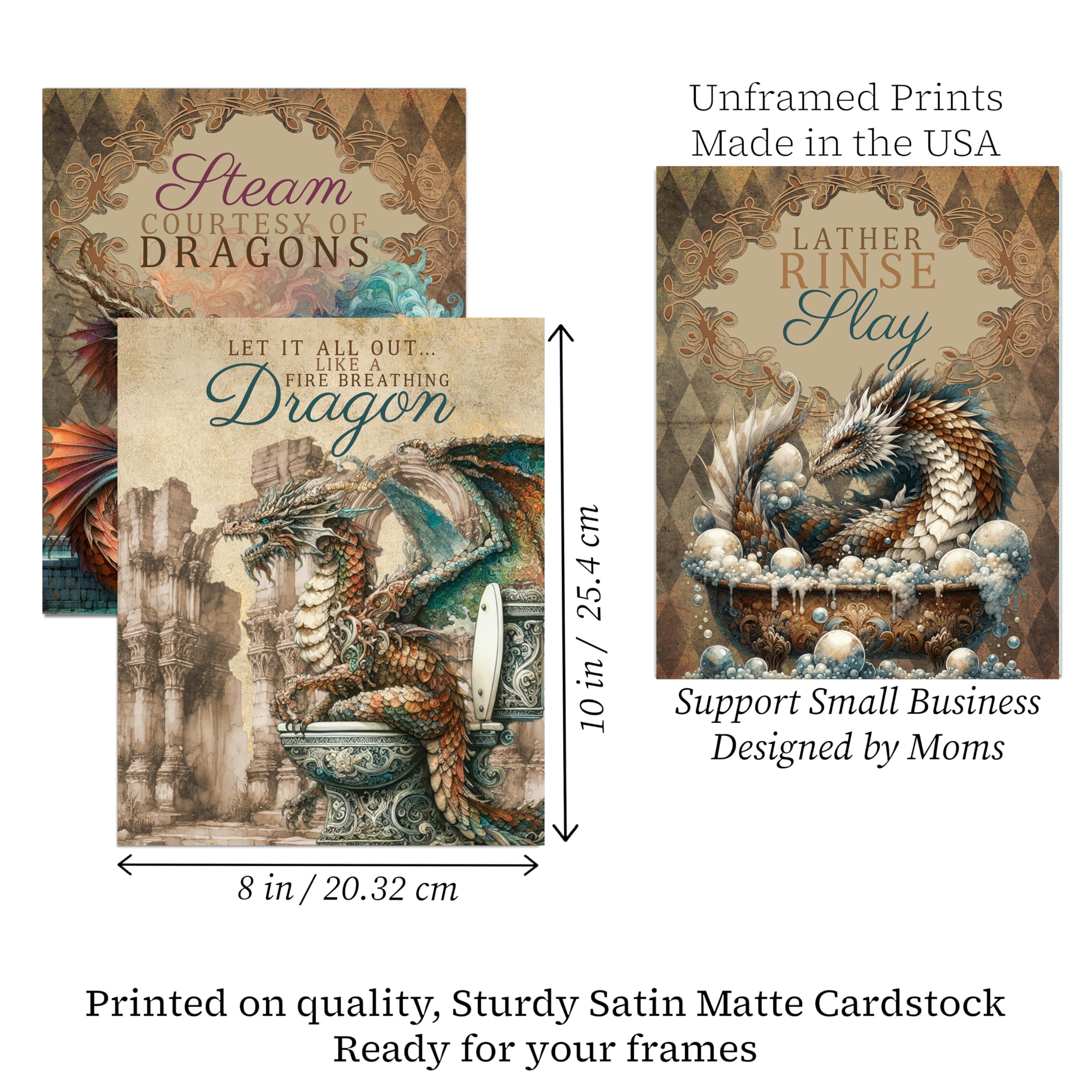 Dragon Bathroom Wall Art Prints - Fantasy Kids Decor, 8x10
