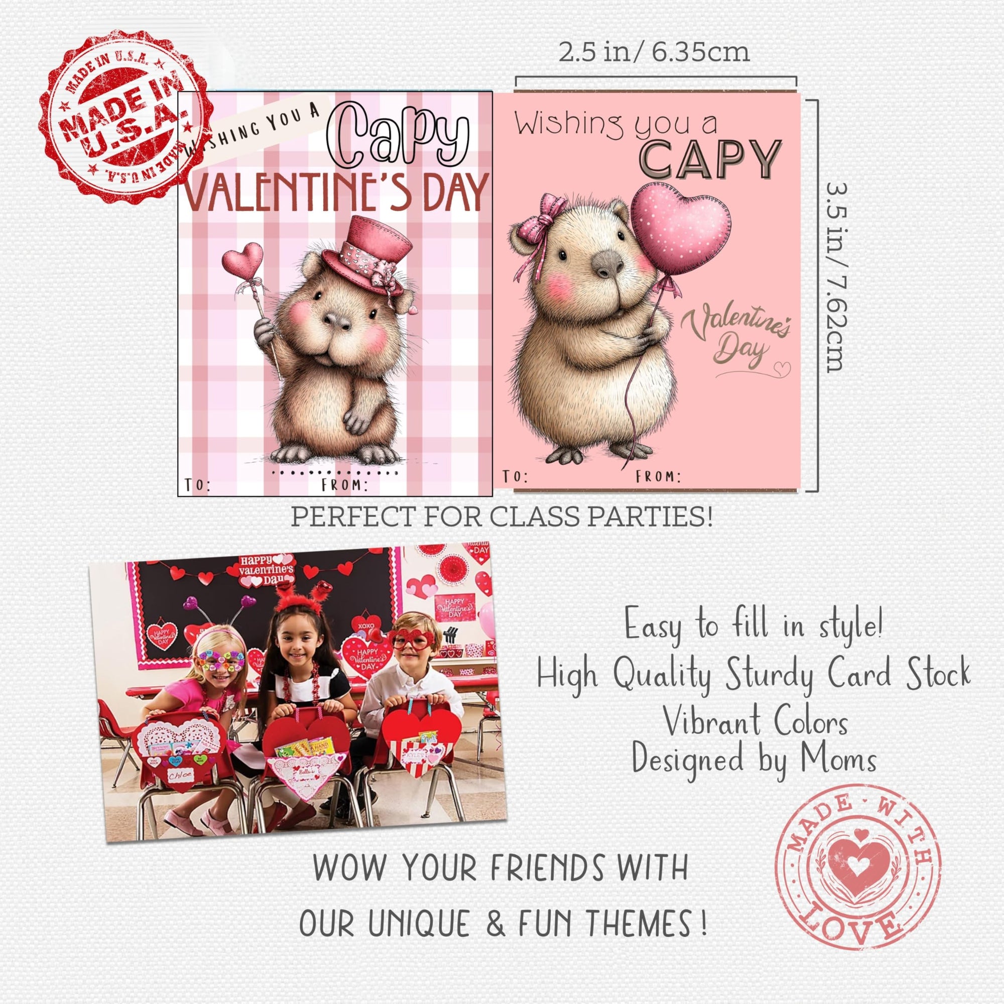 Cute Capybara Valentine Day Classroom Sharing Cards (Set of 24) Party Exchange - Wishing You a Capy Valentine's Day