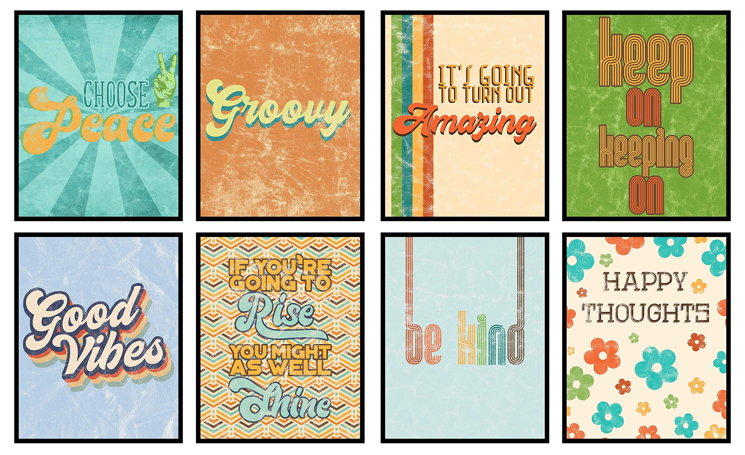 Groovy Retro Inspirational Set of Wall Decor Art Prints 8x10 size (Set of 8) Good Vibes Be Kind