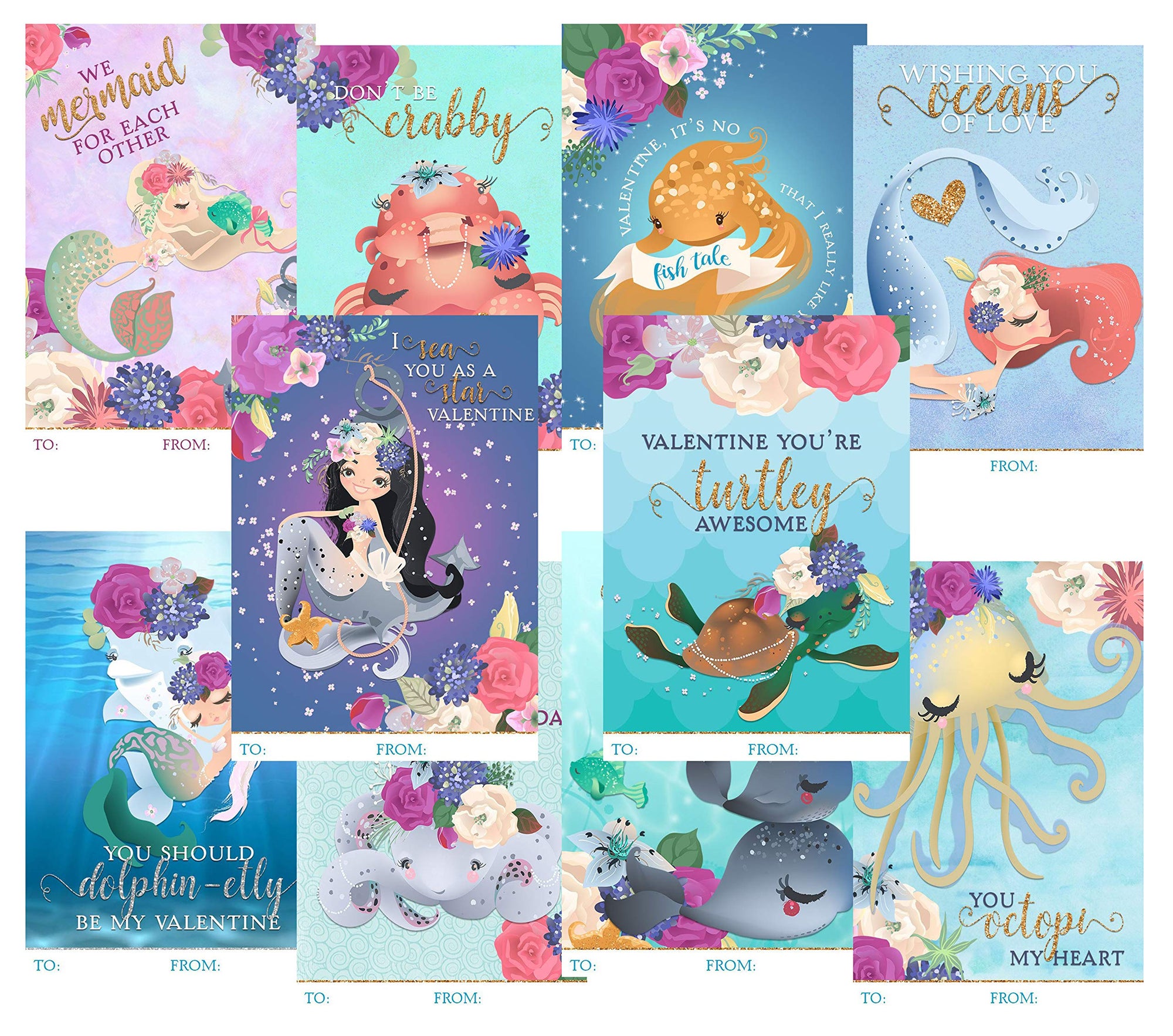Watercolor Mermaid Themed Valentine Day Classroom Sharing Card Set (20 Included) Exchange School Kids Valentine's Ocean Sea