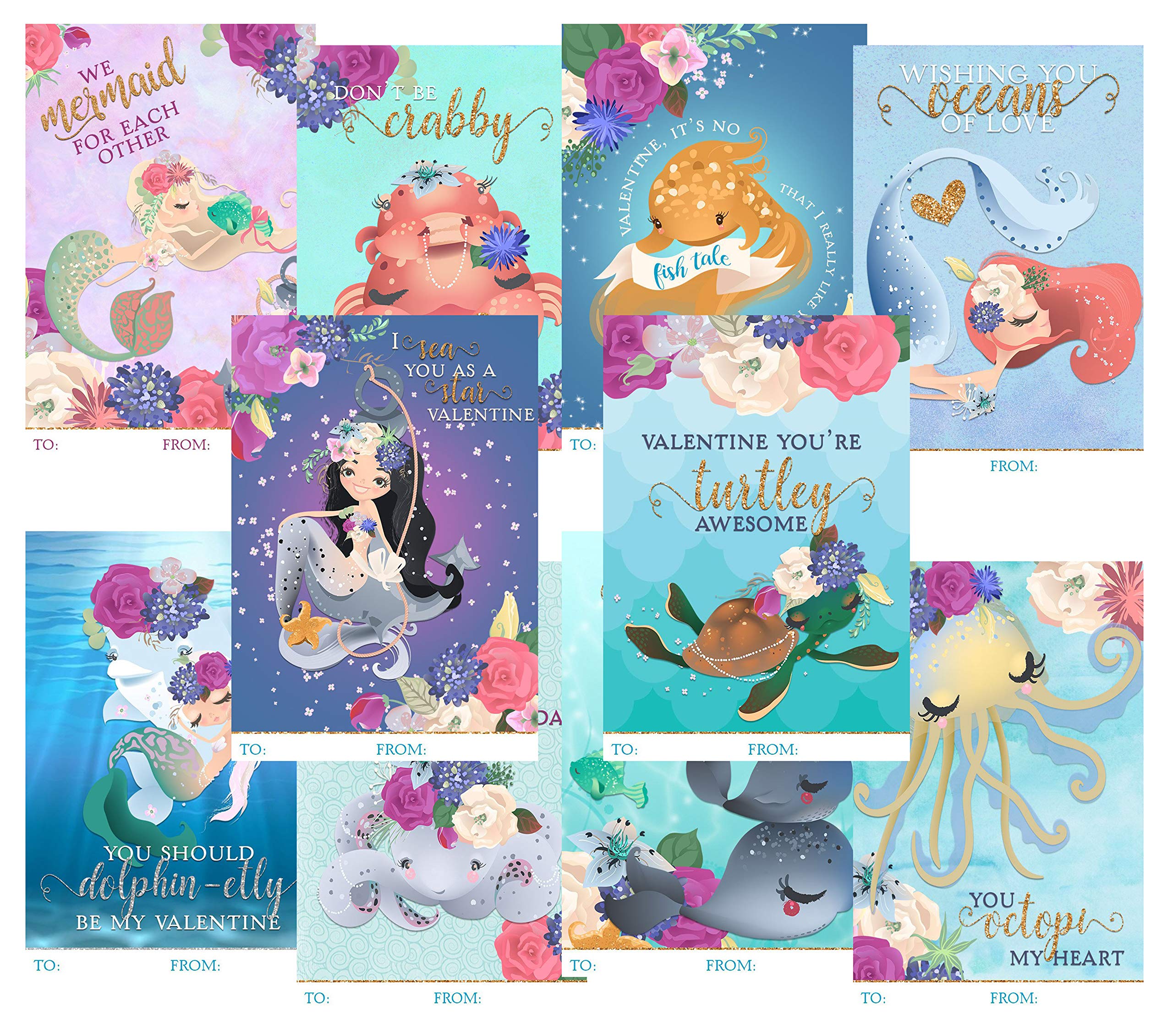Watercolor Mermaid Themed Valentine Day Classroom Sharing Card Set (20 Included) Exchange School Kids Valentine's Ocean Sea
