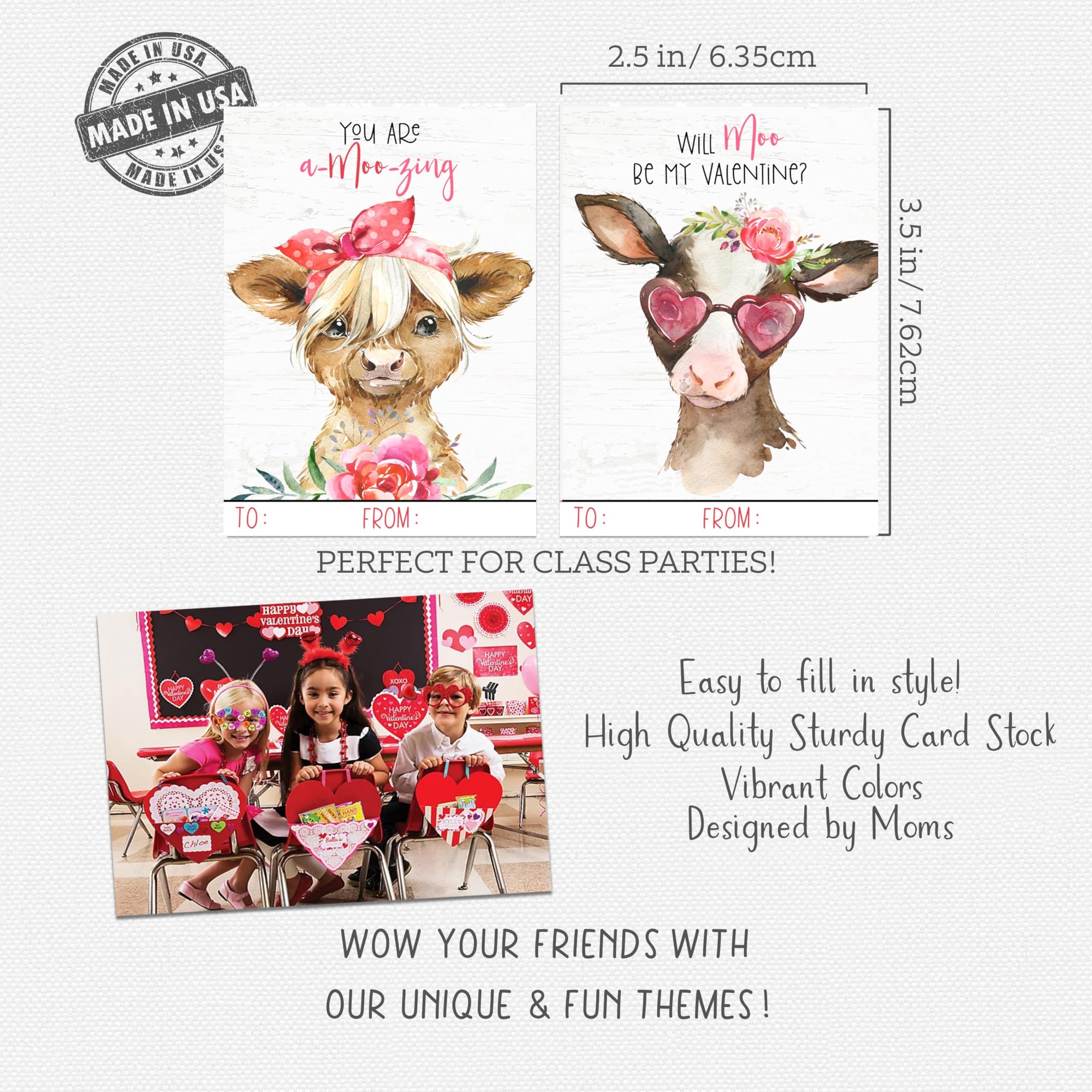 Darling Watercolor Cow Calf Farm Themed Valentines Day Card for Kids School Classroom Exchange (Set of 25) Farmhouse Country Highland