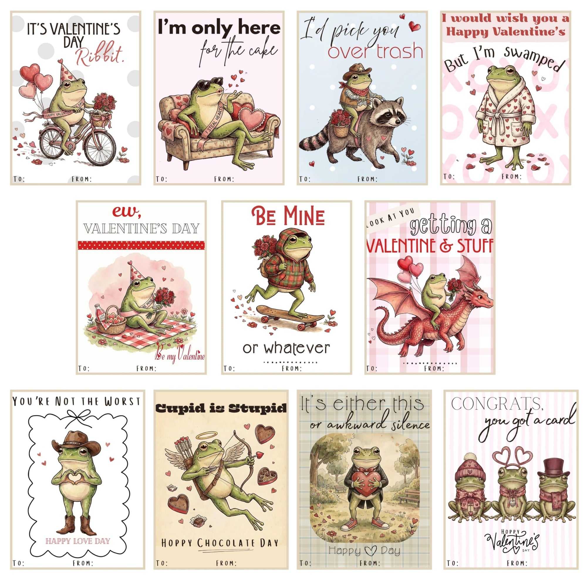 Sarcastic Frog Valentine Day Classroom Sharing Cards (Set of 22) Valentine's Party Exchange - Cupid is Stupid