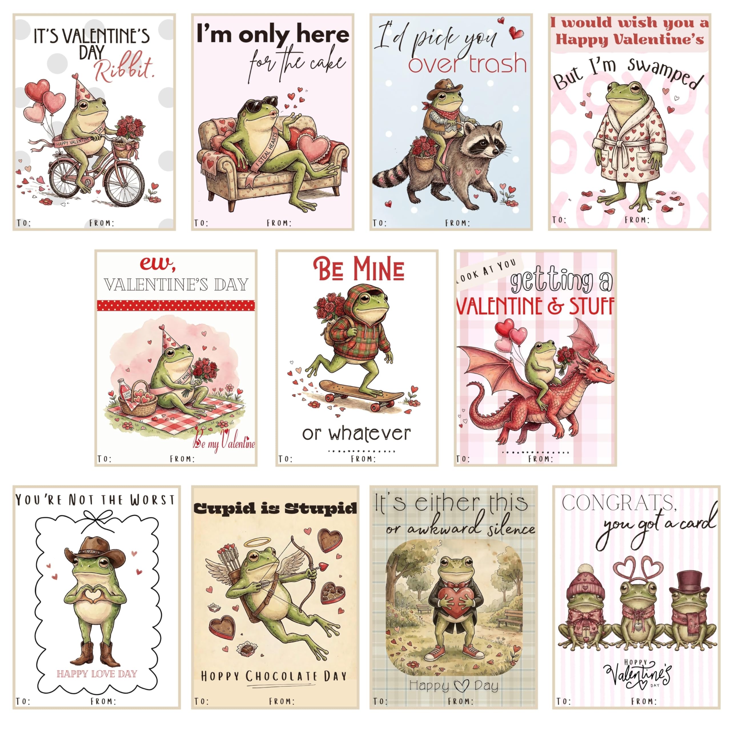 Sarcastic Frog Valentine Day Classroom Sharing Cards (Set of 22) Valentine's Party Exchange - Cupid is Stupid