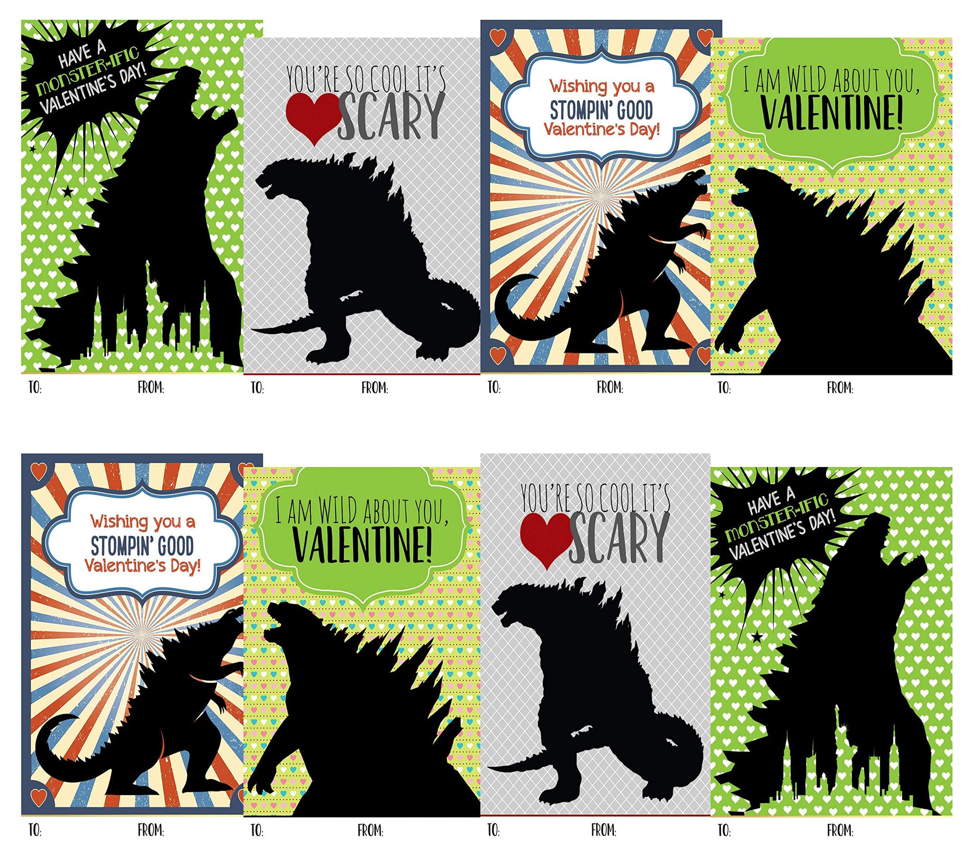 Giant monster lizard themed kids Valentine's Day cards set of 24