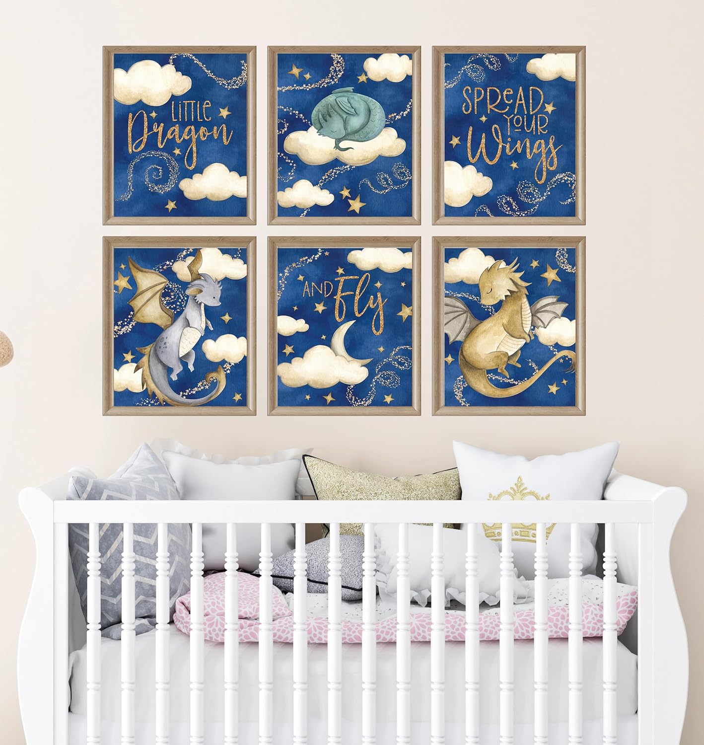 Spread Your Wings Little Dragon Themed Wall Art Prints (Set of 6) Room Decor 8x10 Blue
