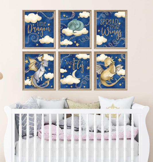 Spread Your Wings Little Dragon Themed Wall Art Prints (Set of 6) Room Decor 8x10 Blue