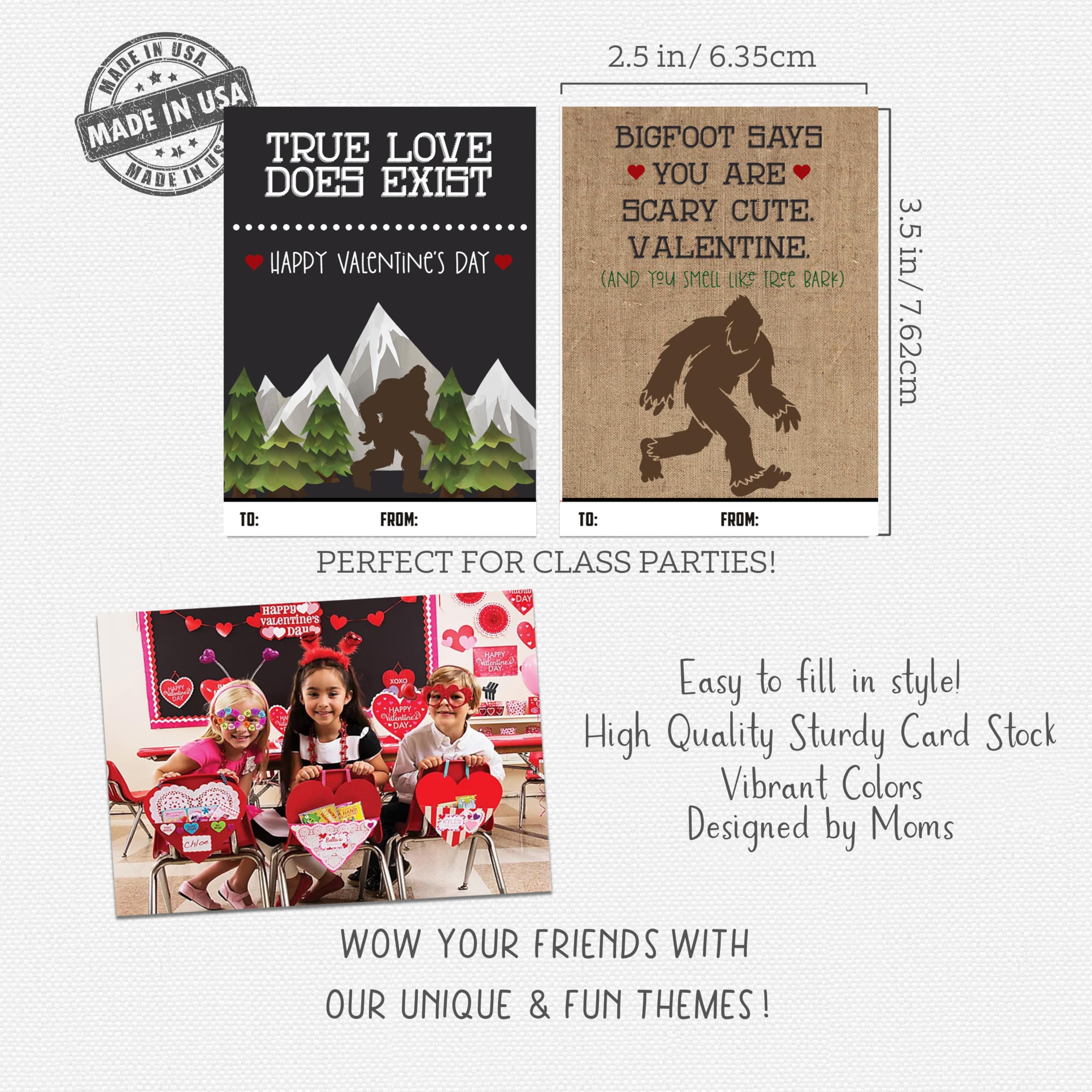 Bigfoot Themed Valentine's Day Card Set (Set of 25) Valentine Classroom Sharing Exchange Gift Giving Kids