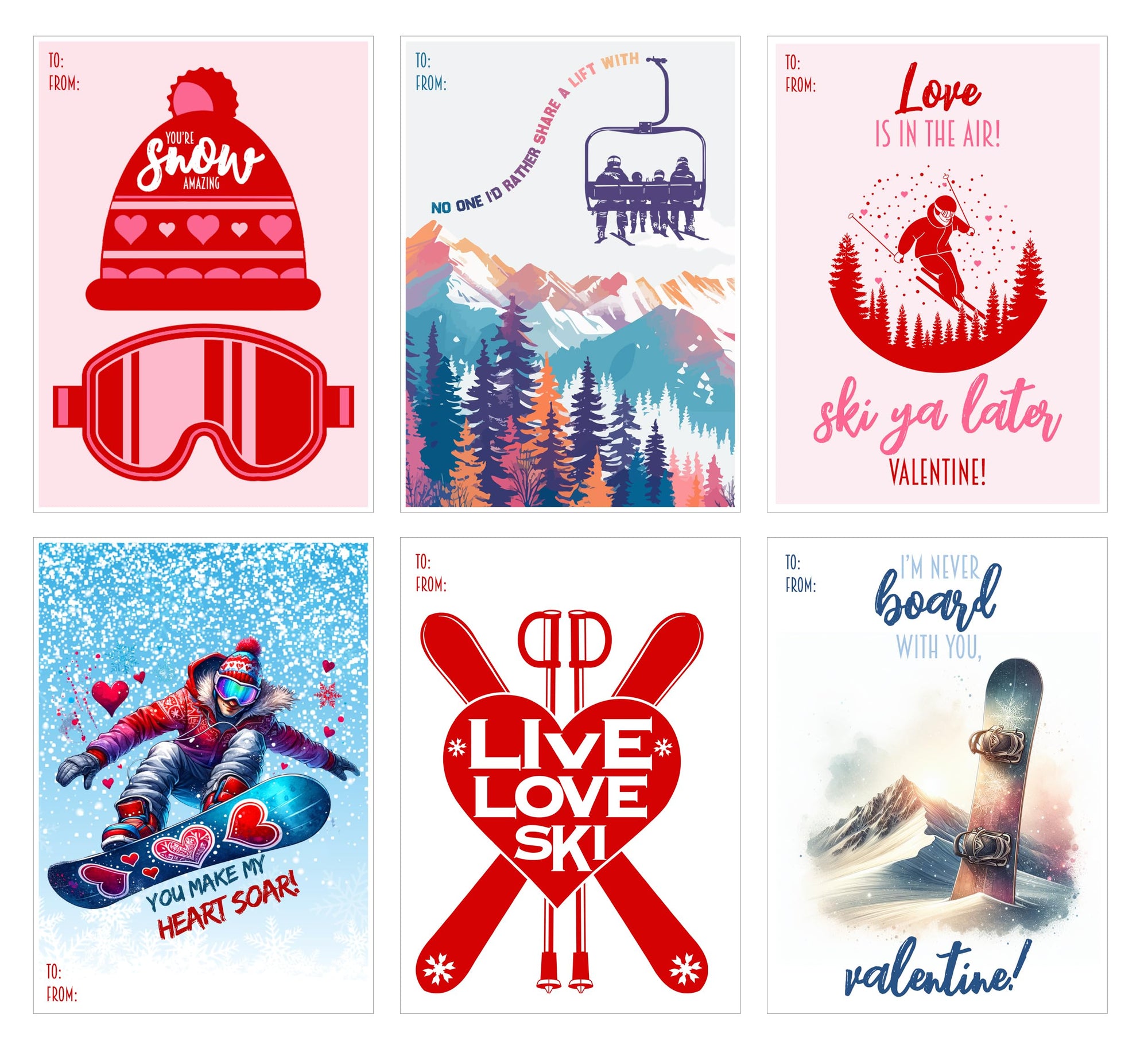 You Make My Heart Soar - Ski Snowboard Sports Themed Valentines Day Card for Kids School Work Classroom Valentine's Class Party Exchange