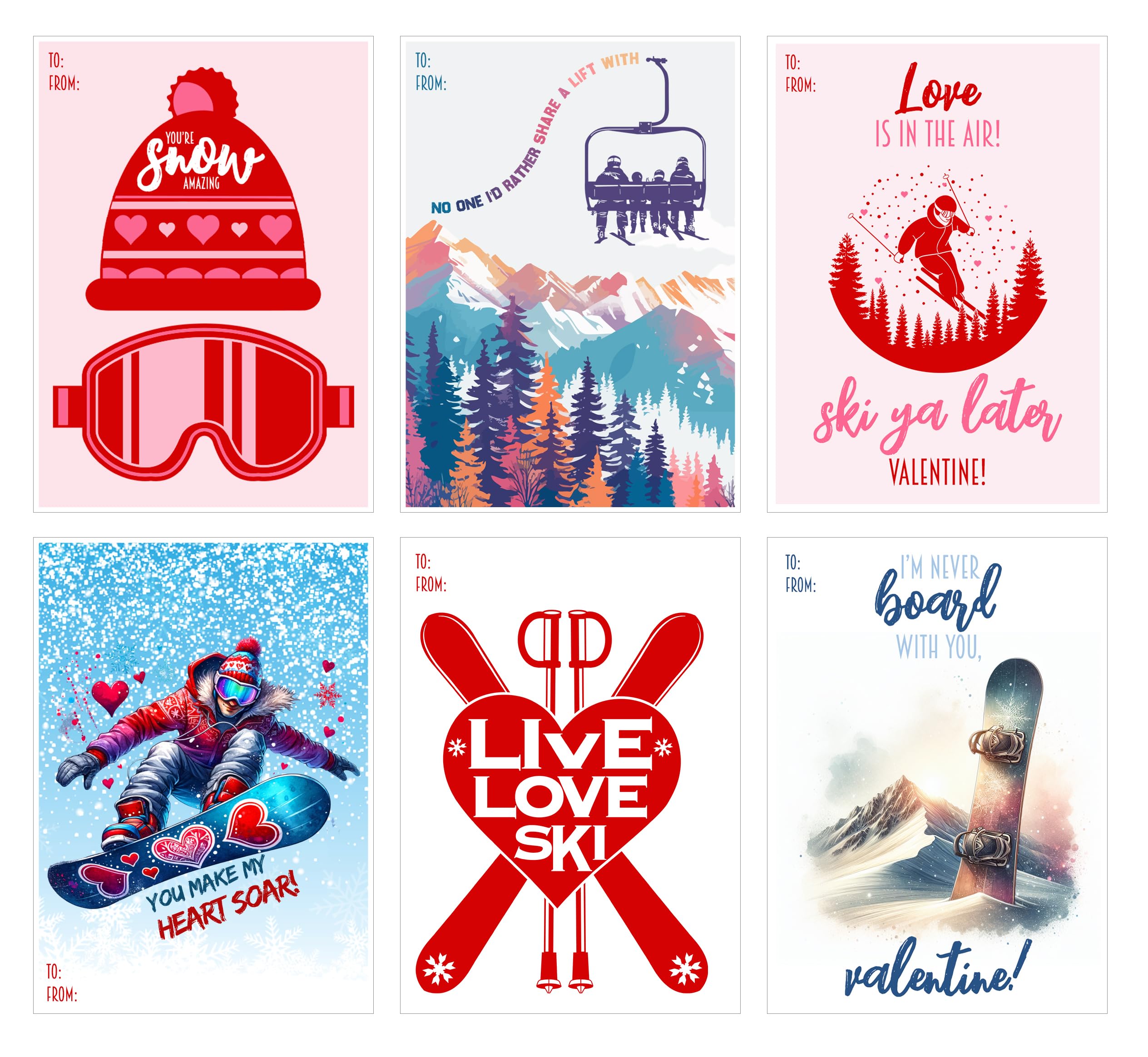 You Make My Heart Soar - Ski Snowboard Sports Themed Valentines Day Card for Kids School Work Classroom Valentine's Class Party Exchange