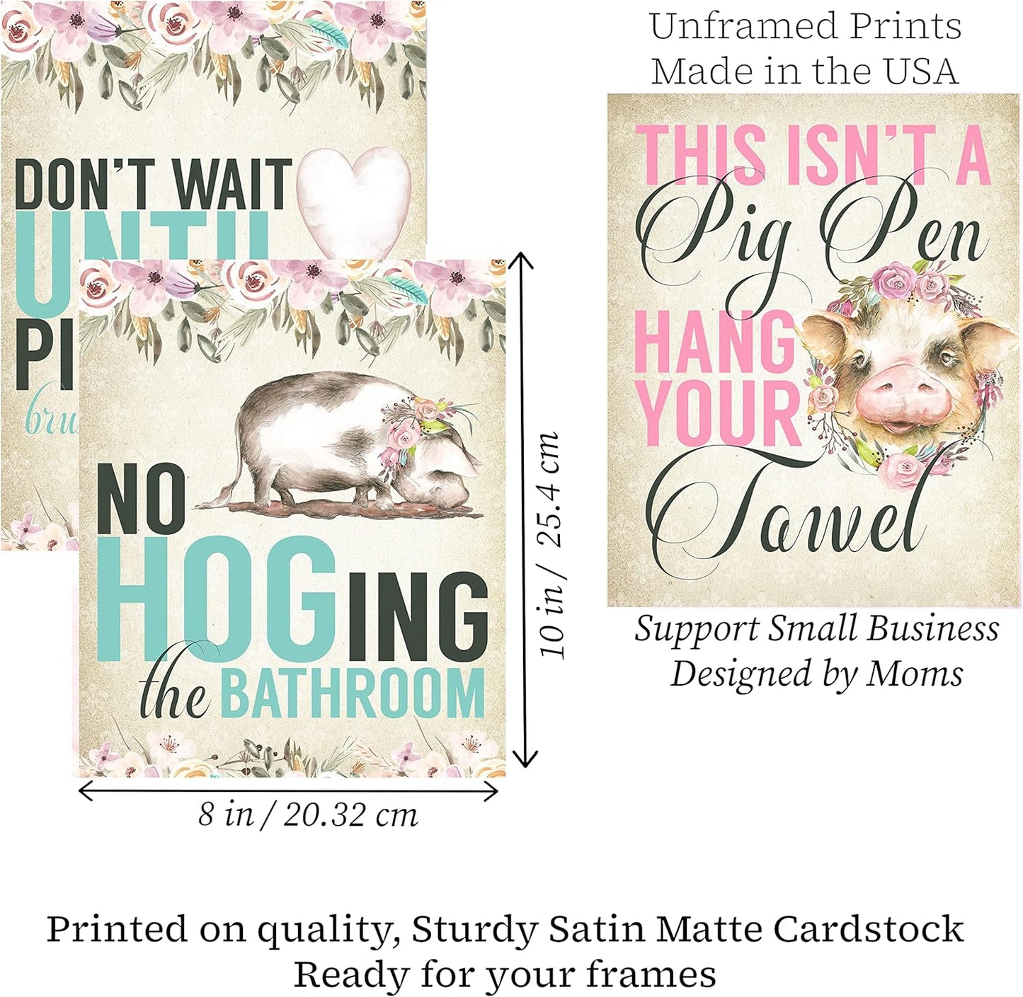 Silly Goose Gifts Hogs Pig Piggy Art Print Watercolor Design Wall Decor Set (Bathroom Set)