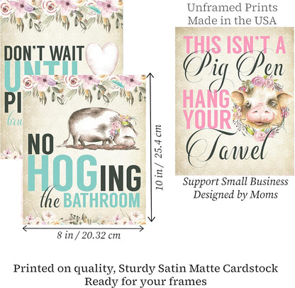 Silly Goose Gifts Hogs Pig Piggy Art Print Watercolor Design Wall Decor Set (Bathroom Set)