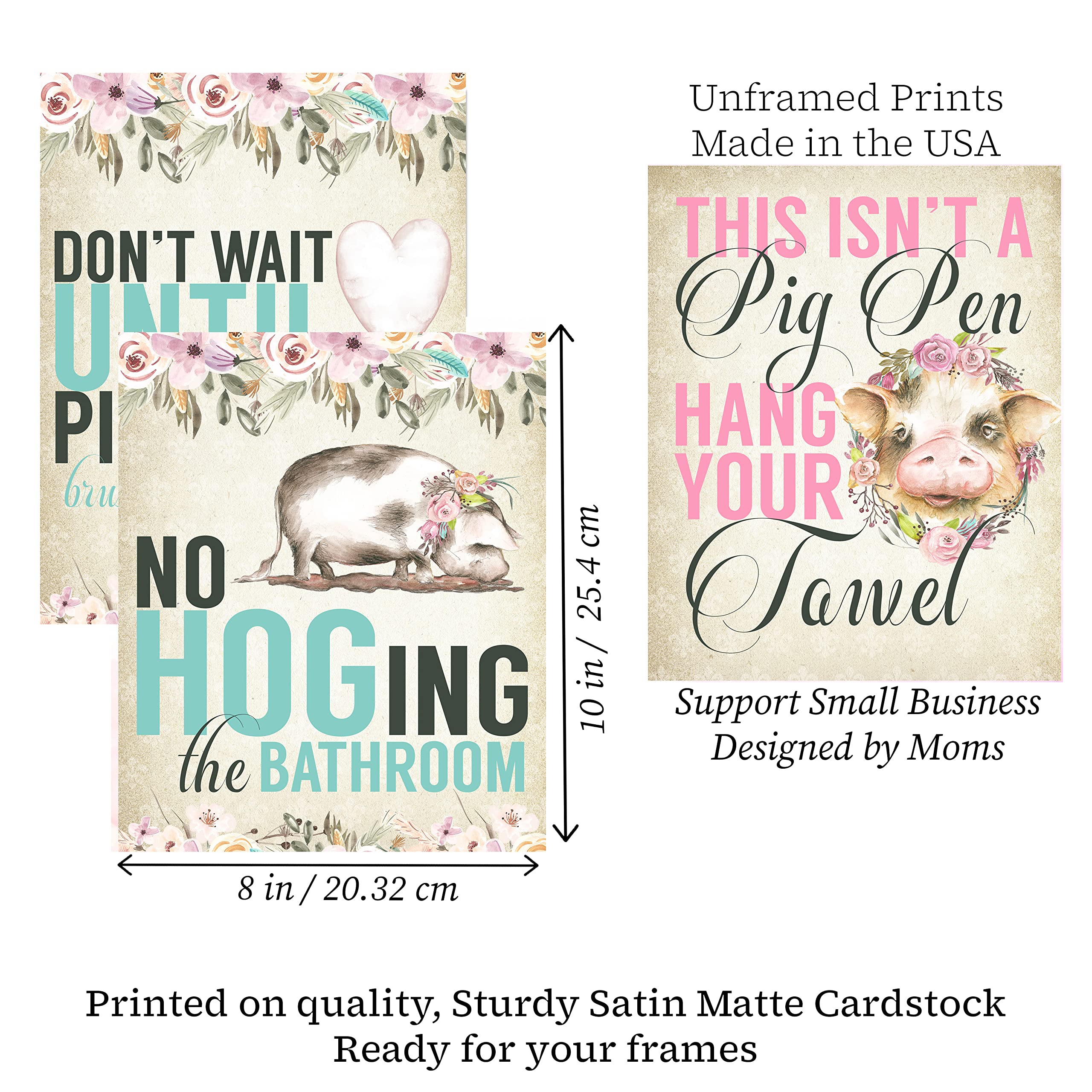 No Hog-ing The Bathroom Funny Pig Wall Art Prints - Set of 4, 8x10 Bath
