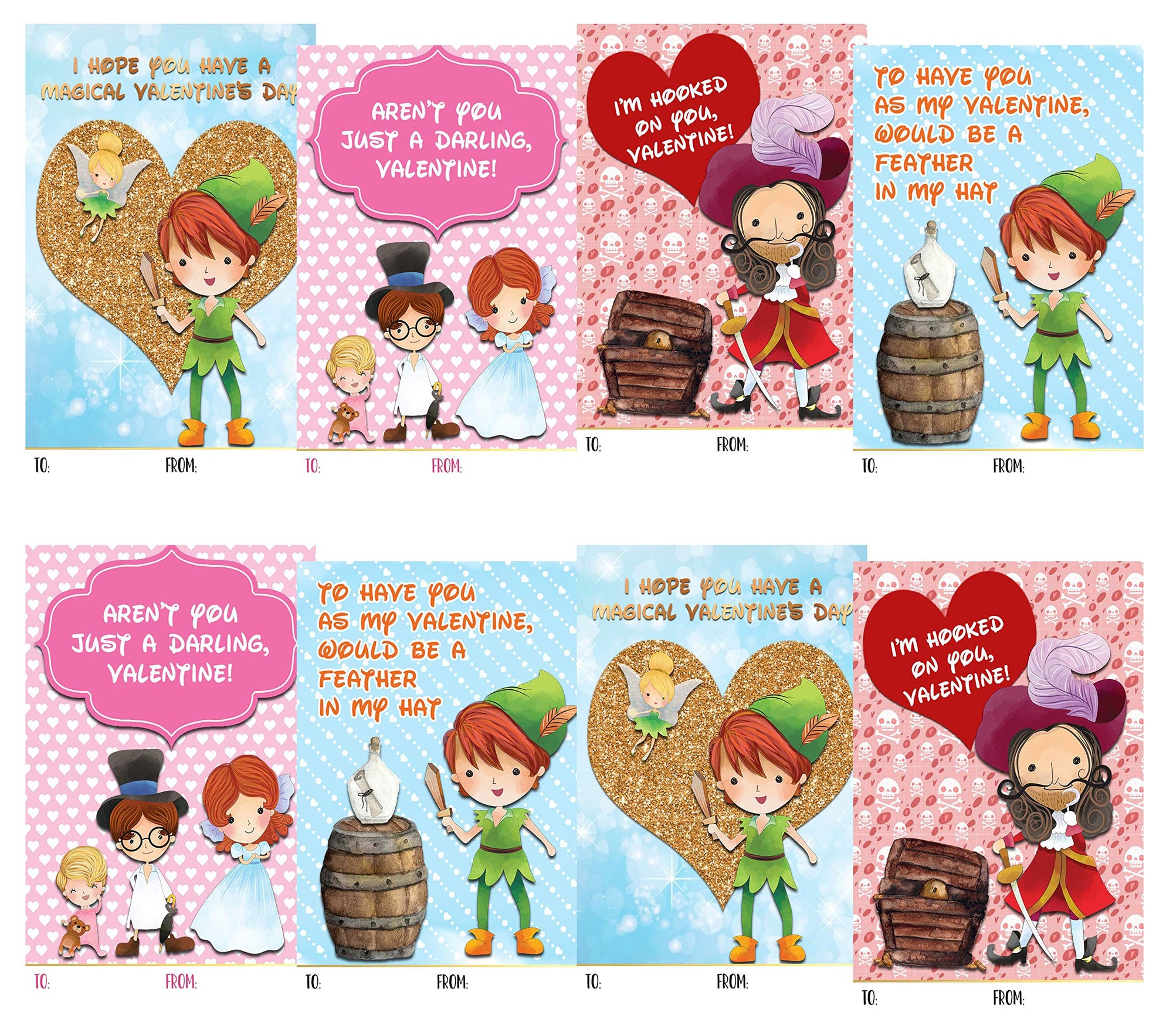 Neverland adventure themed kids Valentine's Day classroom sharing cards set of 24