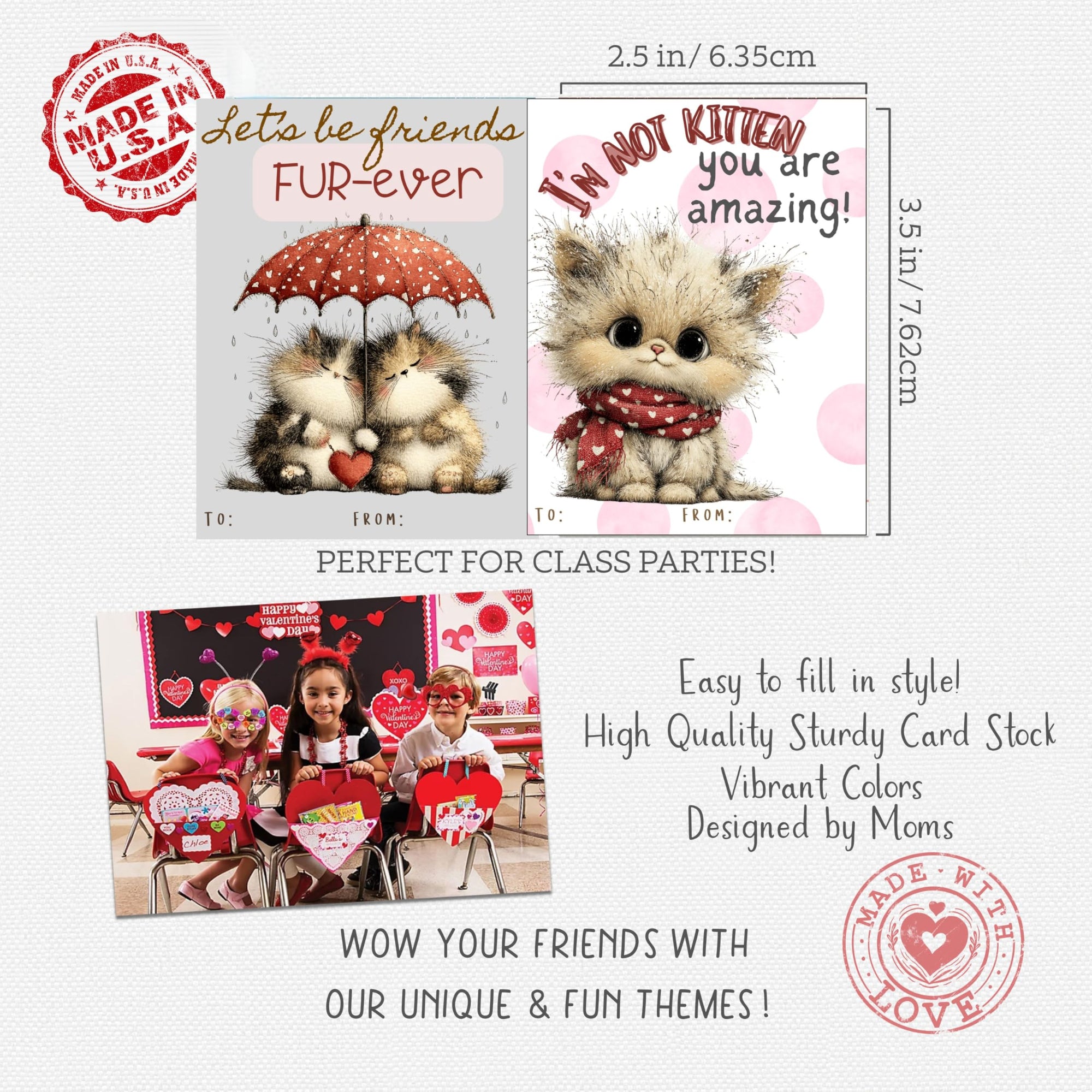 Darling Kitten Valentine Day Classroom Sharing Cards (Set of 24) Valentine's Party Exchange Kitty Cat
