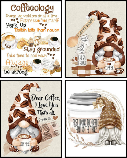 Silly Goose Gifts Coffee Gnome Themed Wall Art Decor Kitchen Room Sign Decoration Poster Set Pictures Unframed (4pc)