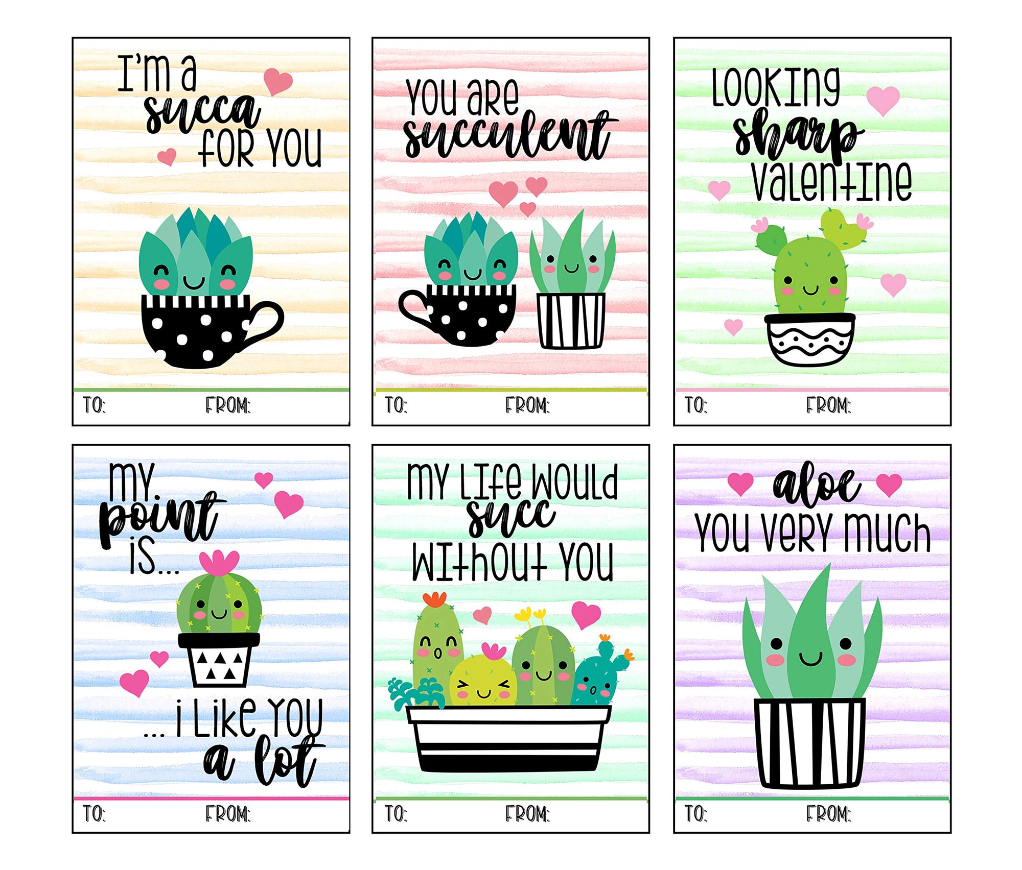 Funny succulent and cactus Valentine's Day cards classroom exchange set of 24
