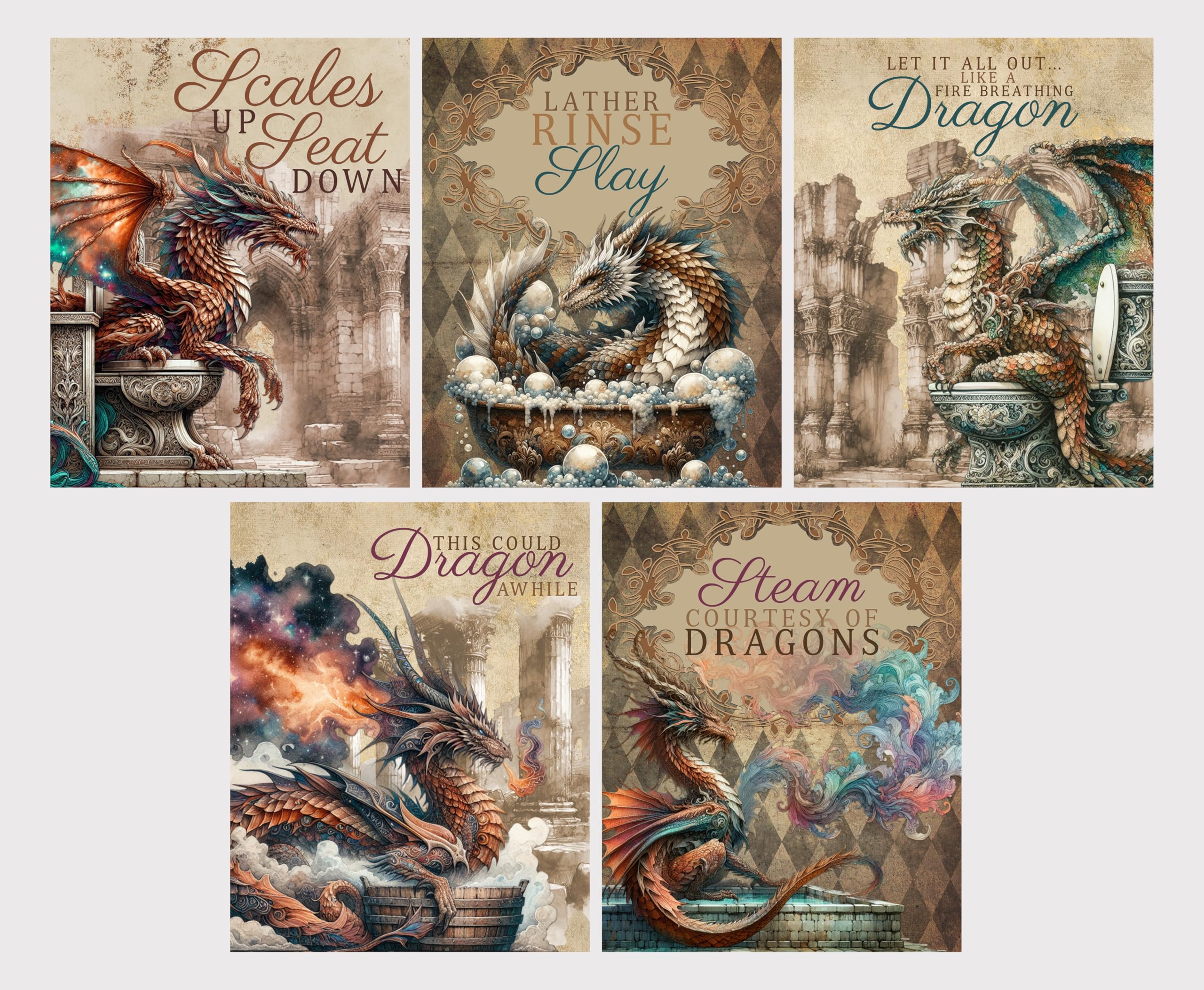 Dragon Design Themed Bathroom Wall Art Prints Hanging Picture Poster Sign Bath Room Office Home Work Dorm Idea Decor 8x10in