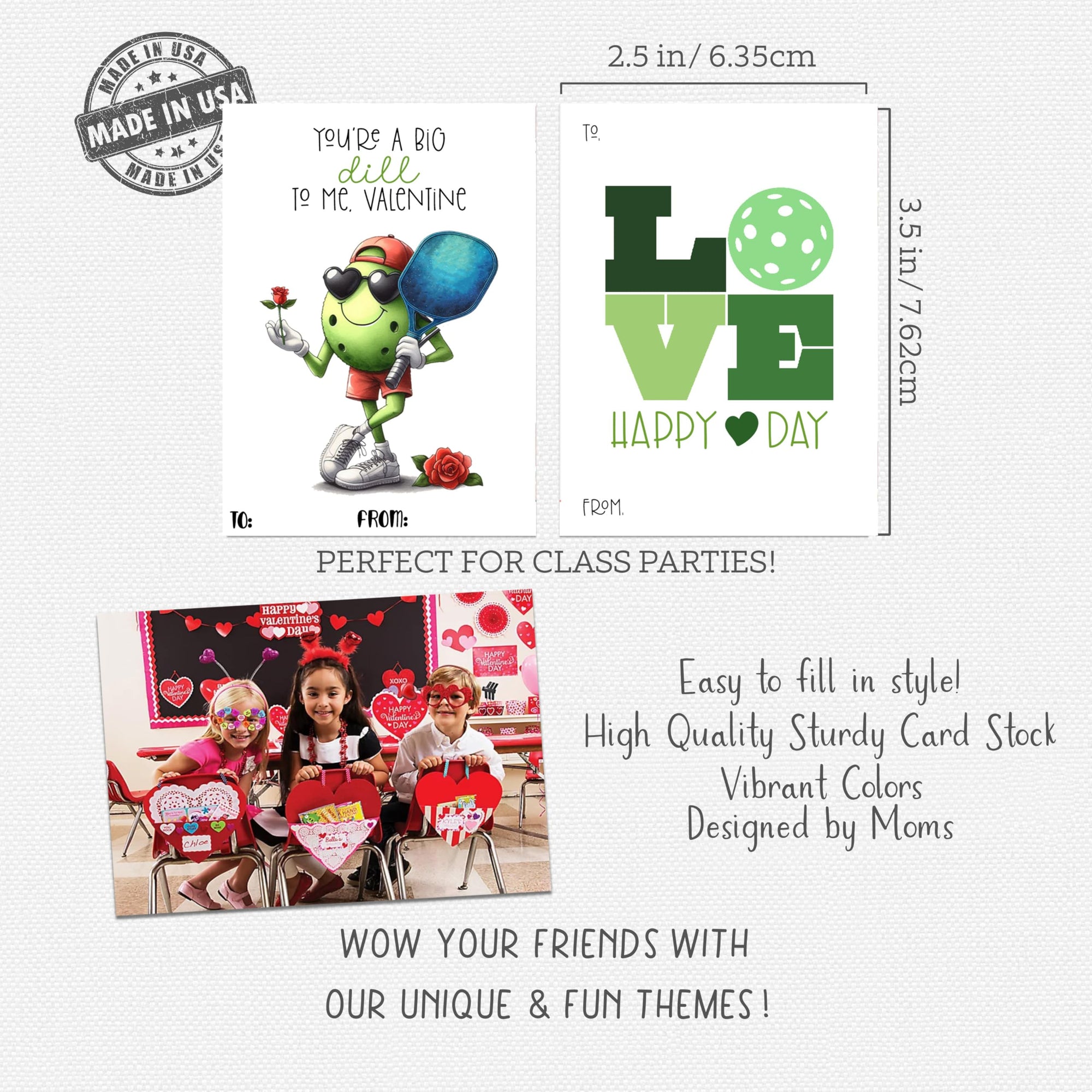 Pickleball Themed Valentine Funny Pickle Classroom Sharing Card Set of 24, You're A Big Dill To Me - Valentine's Day