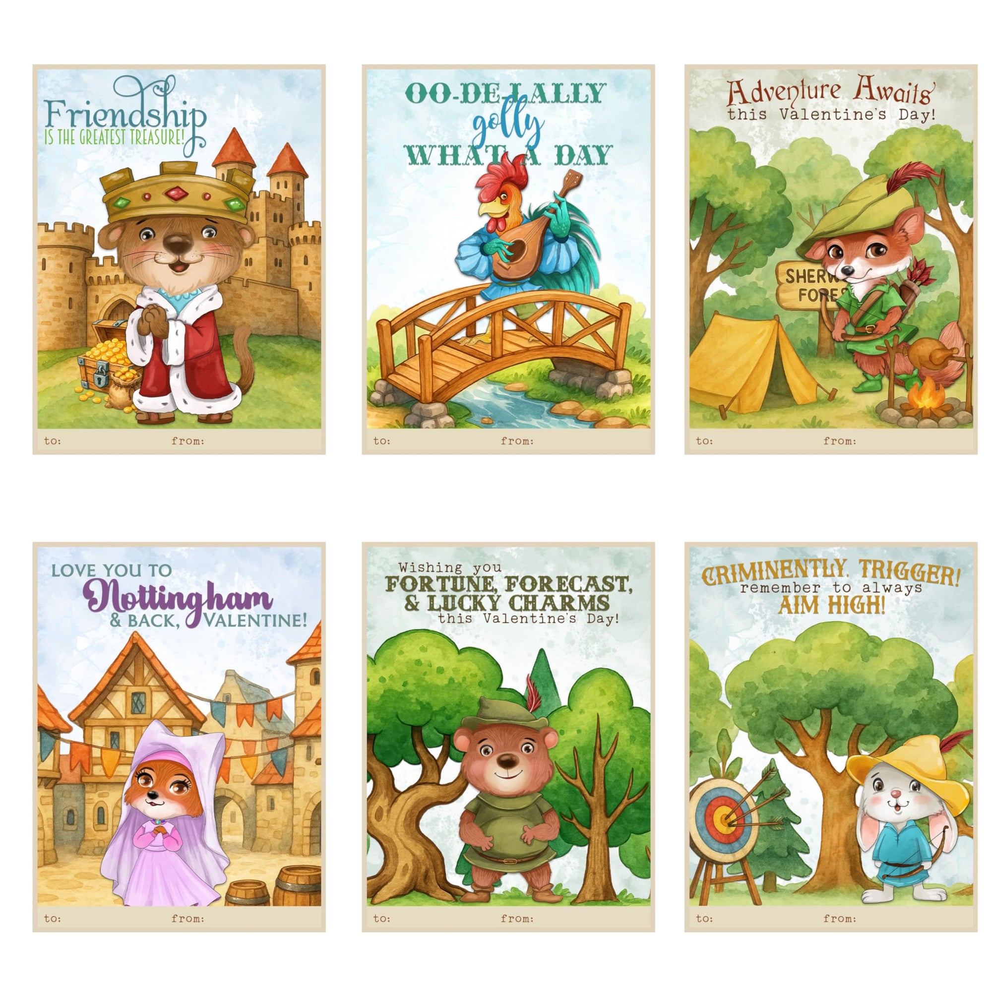 Storybook fox archer themed kids Valentine's Day classroom sharing cards set of 24