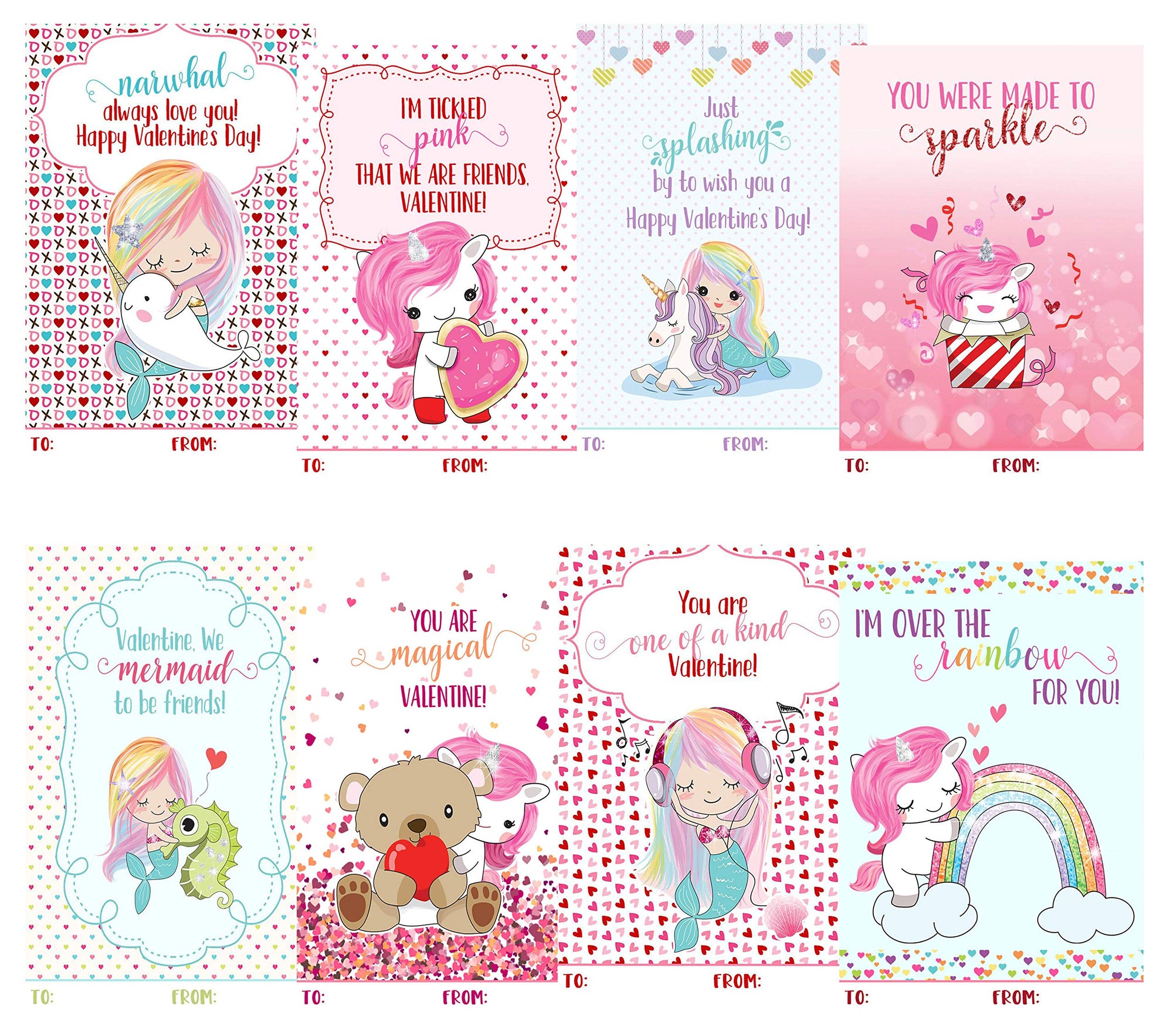 Magical Unicorn Mermaid Narwhal Themed Valentine Day Classroom Sharing Card Set (24 Included) Exchange Valentine's Kids Rainbow