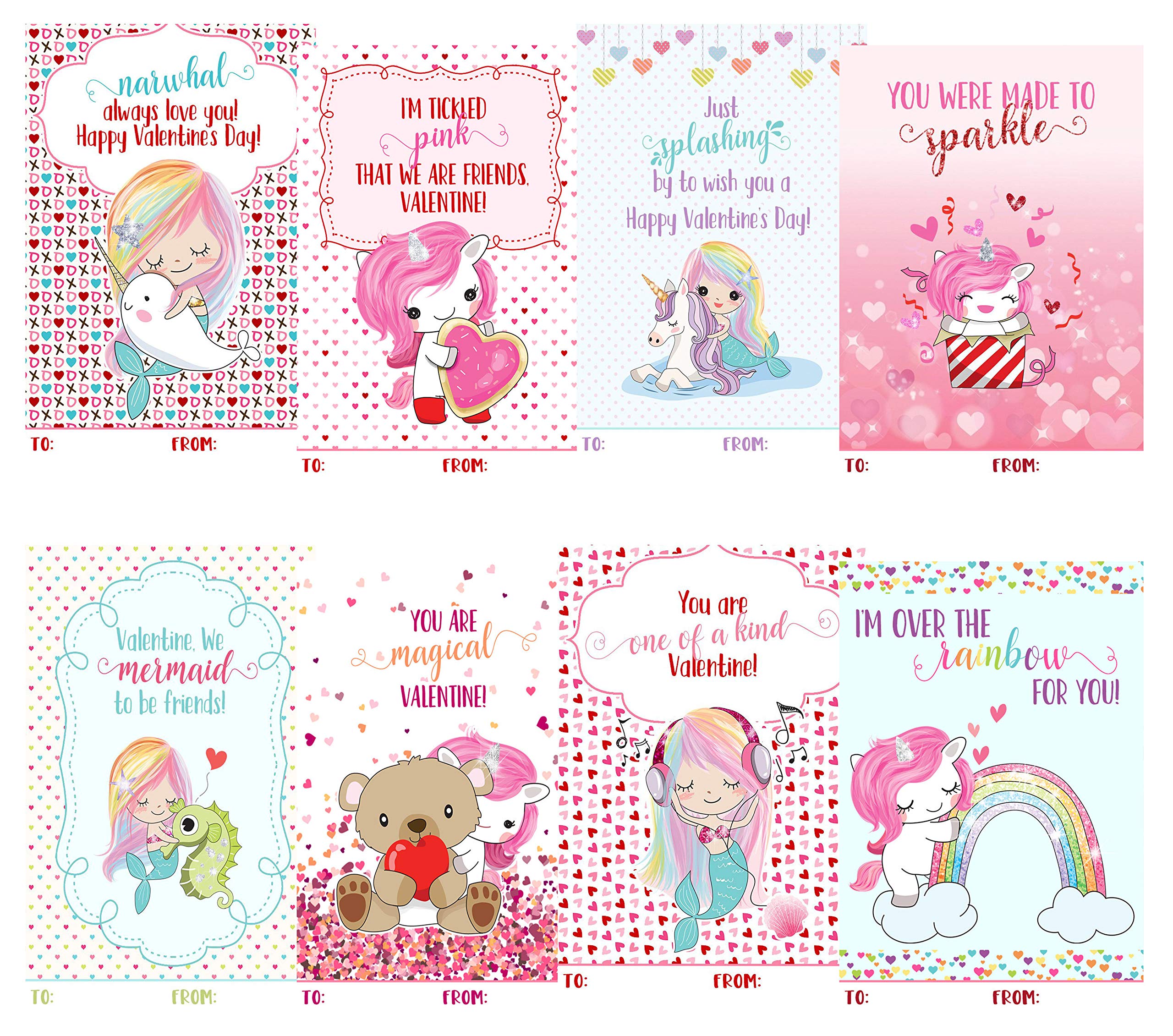 Magical Unicorn Mermaid Narwhal Themed Valentine Day Classroom Sharing Card Set (24 Included) Exchange Valentine's Kids Rainbow