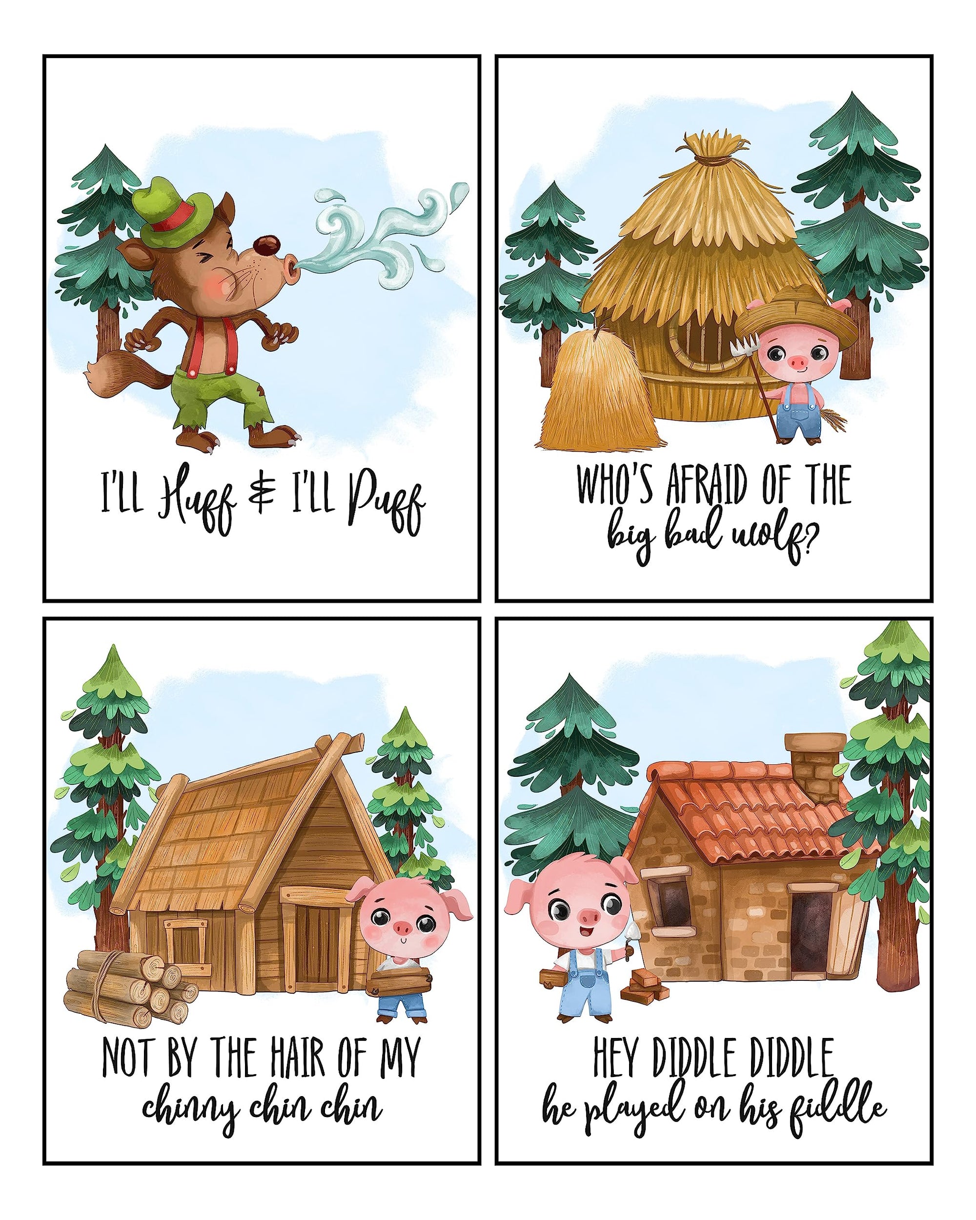 Three Little Pigs Big Bad Wolf Nursery Rhyme Decor Decoration for Boys, Girls, Kids, Toddler, Baby, School Wall Decor, Animal Set of Art Prints 8x10"
