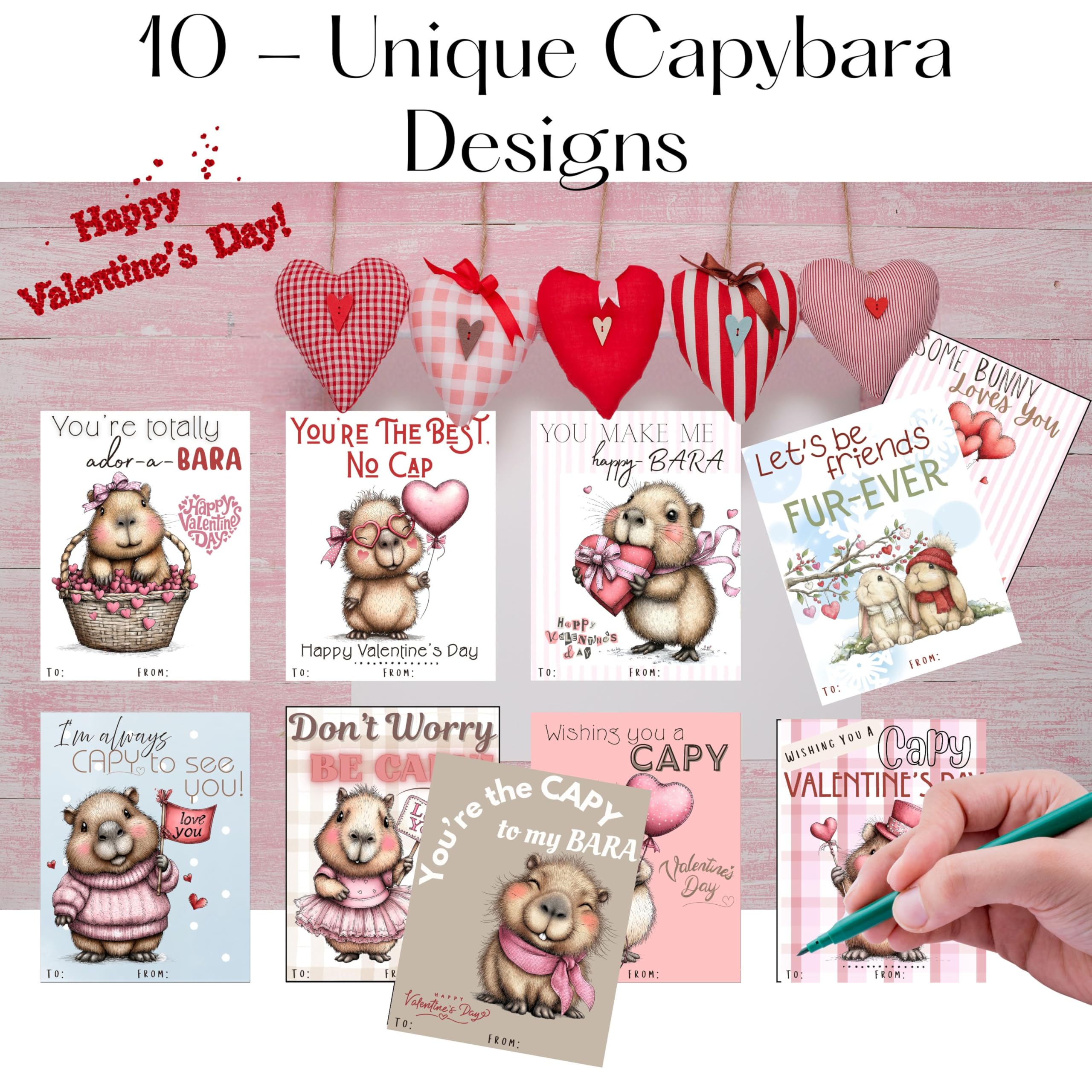 Cute Capybara Valentine Day Classroom Sharing Cards (Set of 24) Party Exchange - Wishing You a Capy Valentine's Day