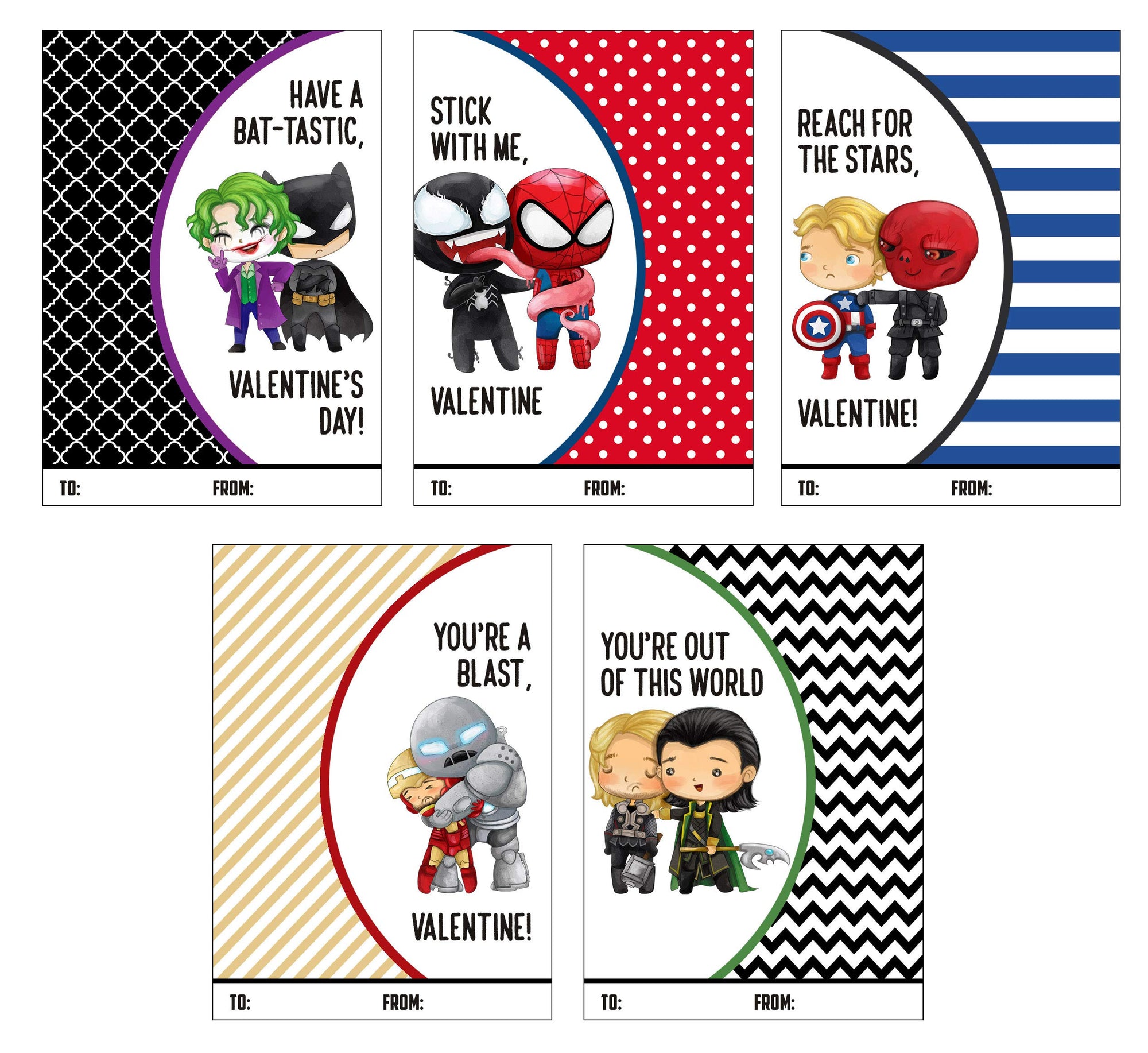 Funny Superhero and Villain Themed Valentine's Day Card Set (Set of 25) Valentine Classroom Exchange School Sharing Gift Giving Kids