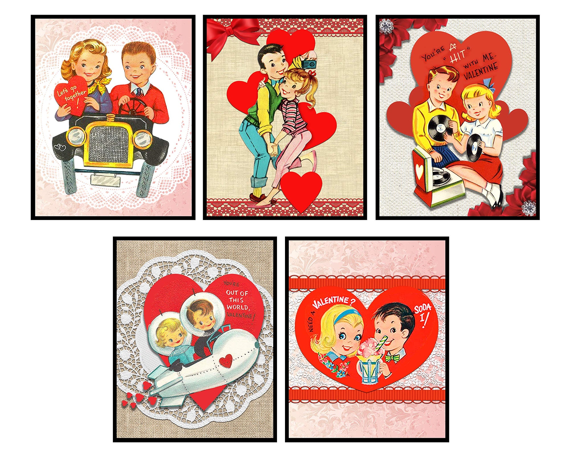 Vintage teen Valentine wall art prints set of 5 in 8x10 retro seasonal decor