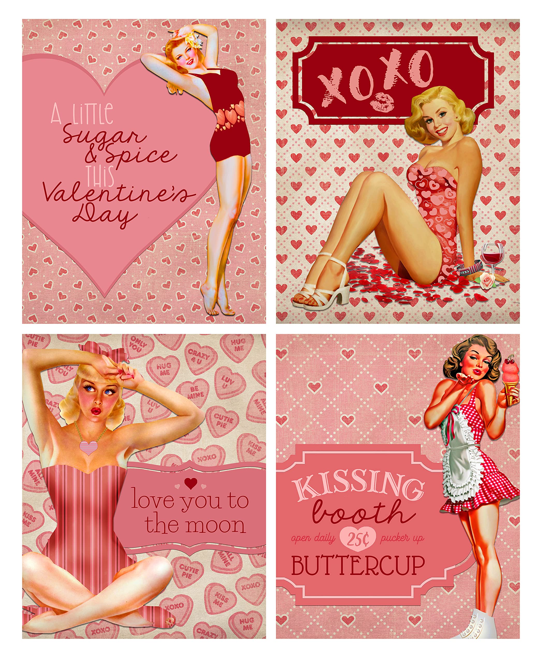 Sassy vintage pinup girl Valentine wall art prints set of 4 in 8x10 size