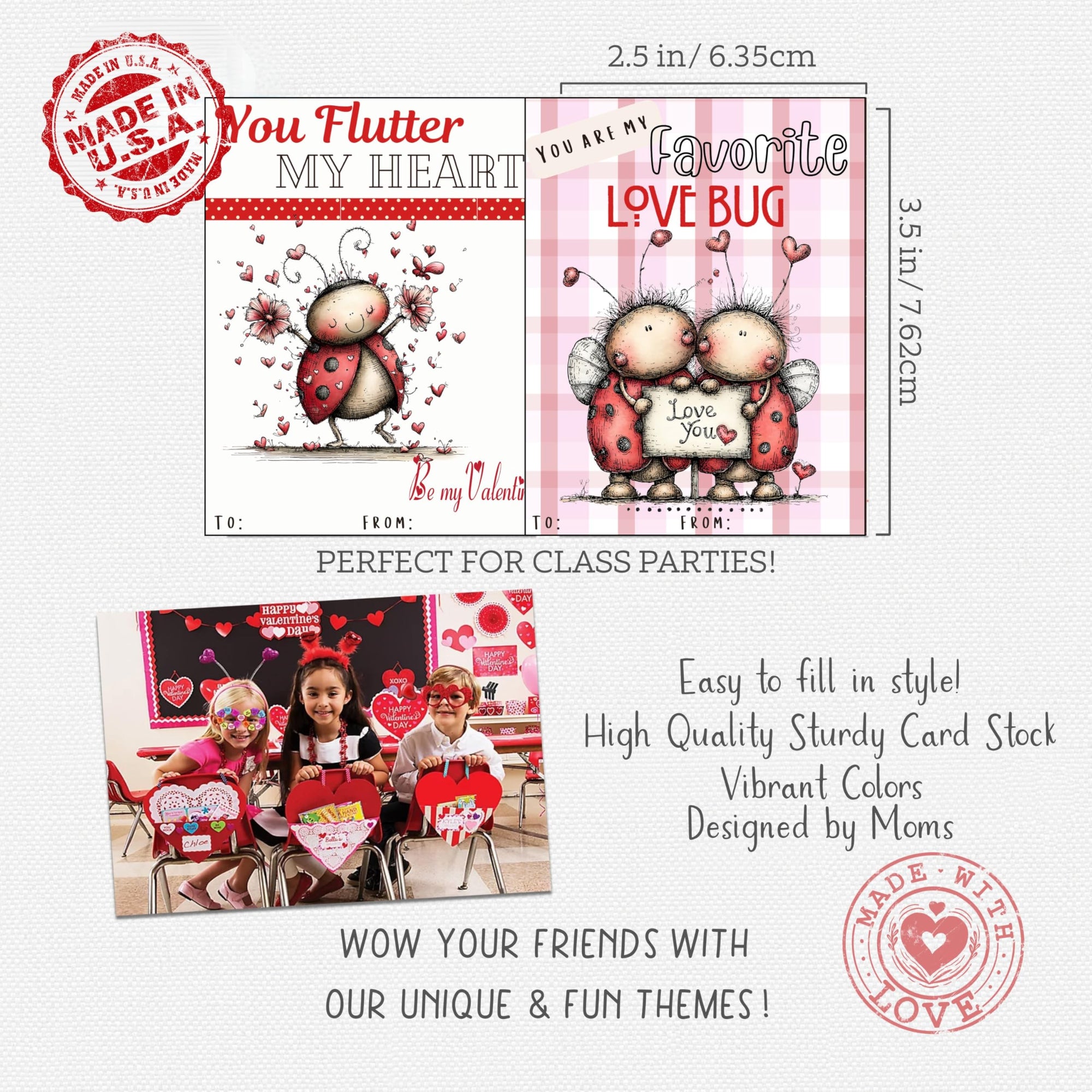 Darling Lady Love Bug Valentine Day Classroom Sharing Cards (Set of 24) Valentine's Party Exchange