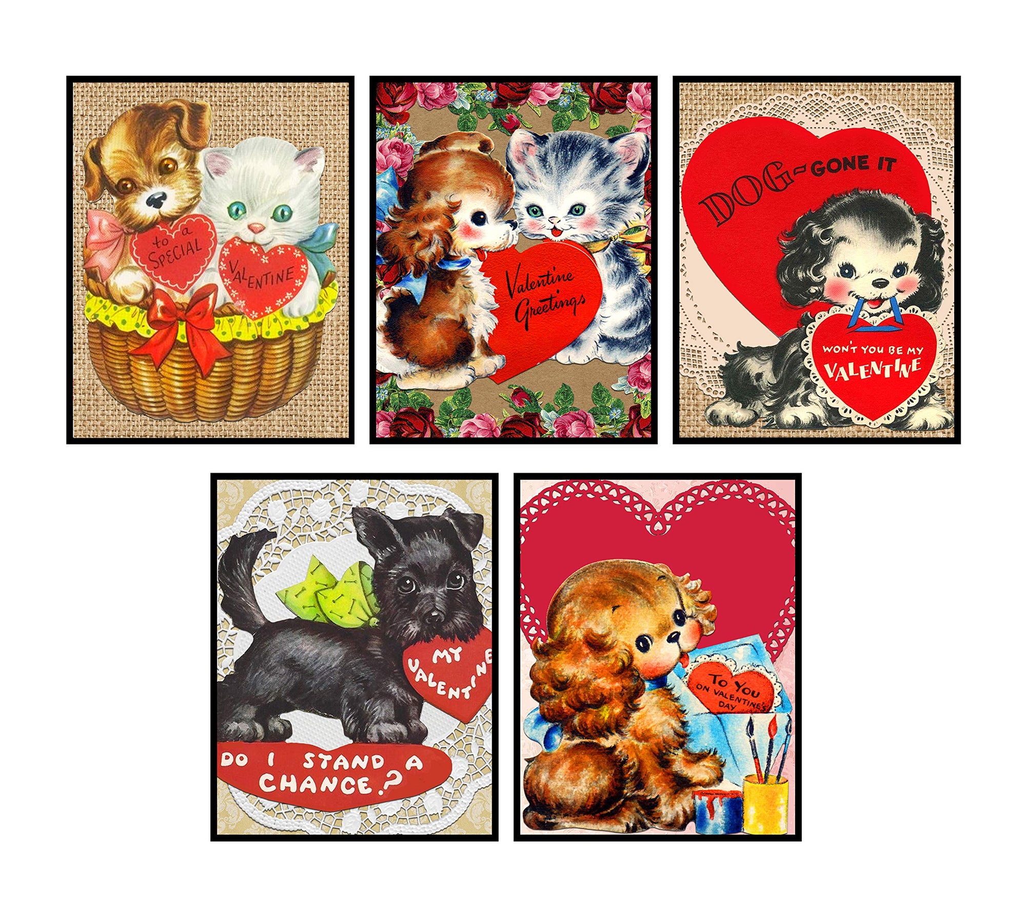 Vintage dog and cat Valentine wall art prints set of 5 in 8x10 pet lover decor