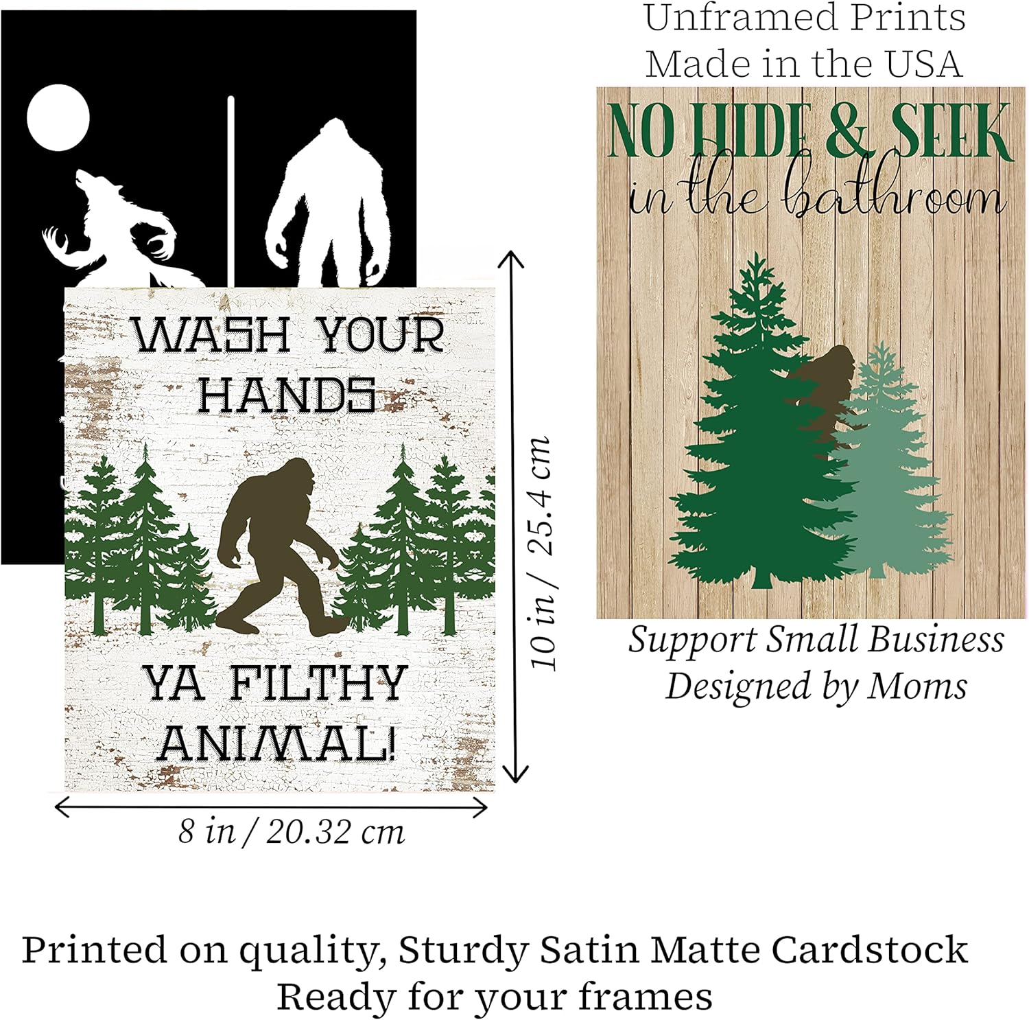 Funny Bigfoot Themed Art Prints Wall Decor Set, Rustic Bathroom Themed
