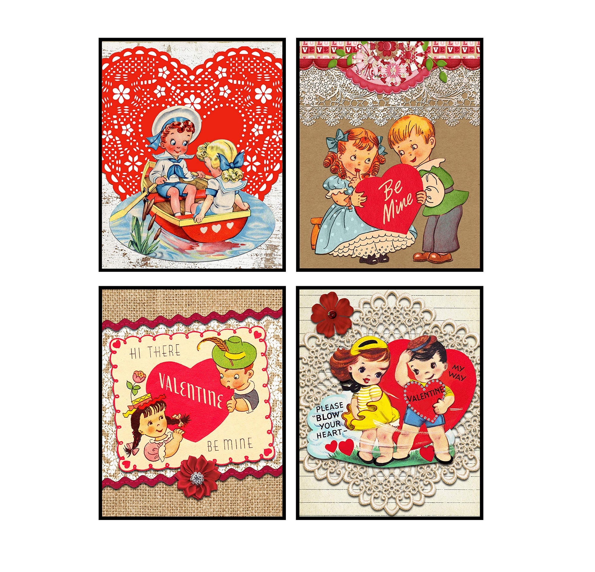 Vintage children Valentine wall art prints set of 4 in 8x10 for nursery decor