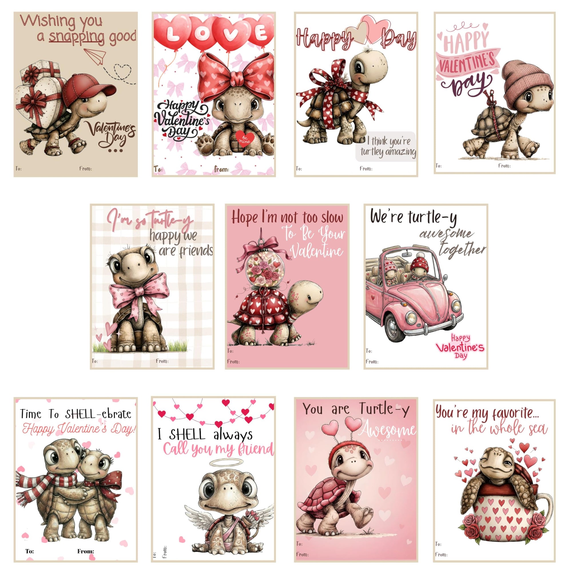 Whimsical Turtle Valentine Day Classroom Sharing Cards (Set of 22) Valentine's Party Exchange - Time to Shell-ebrate