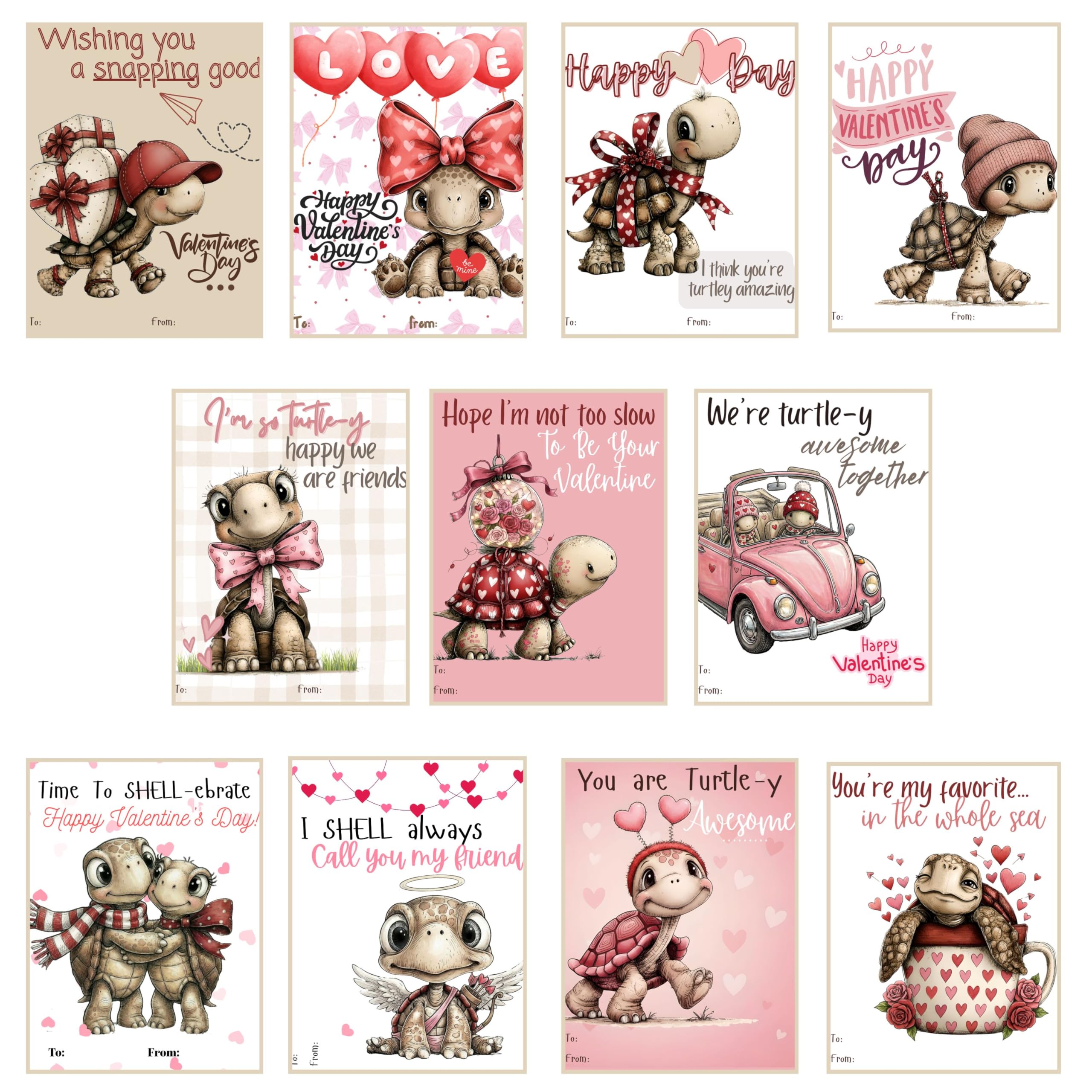 Whimsical Turtle Valentine Day Classroom Sharing Cards (Set of 22) Valentine's Party Exchange - Time to Shell-ebrate
