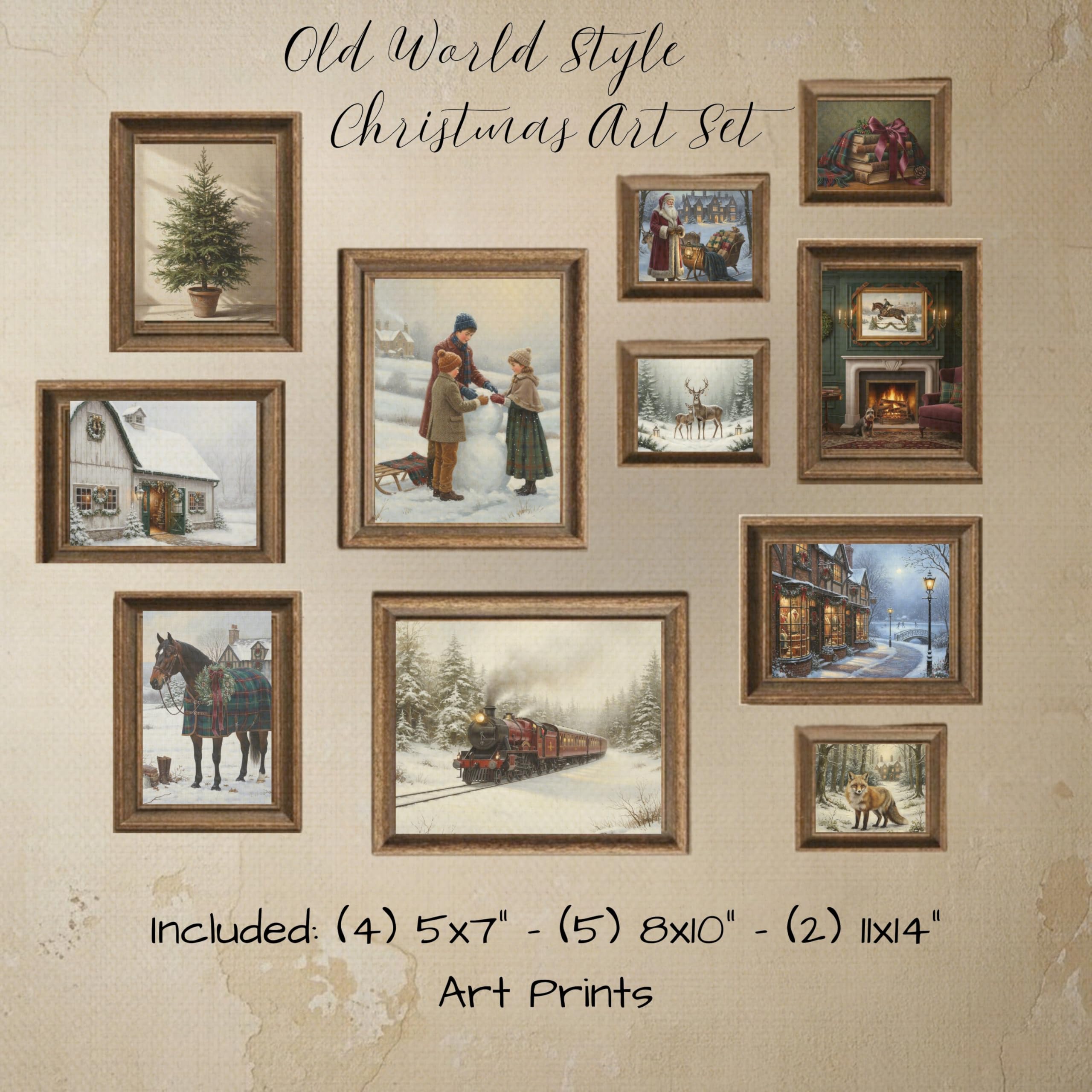 English Countryside Vintage Christmas Wall Art Prints - Set