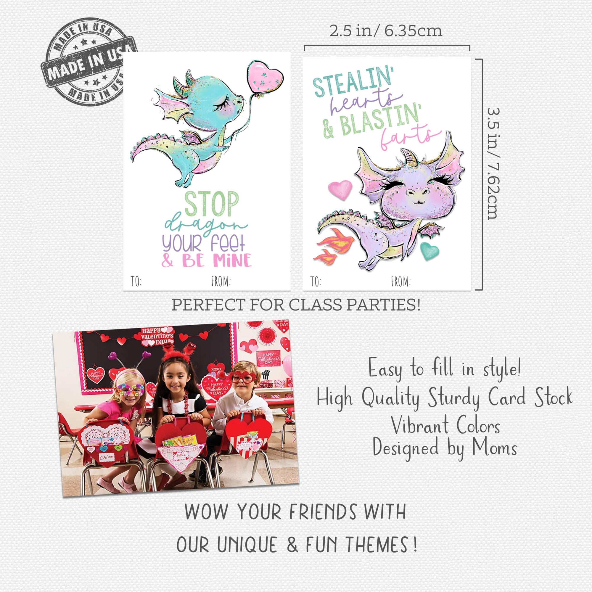 Colorful Fun Dragon Themed Valentines Day Card Pack (Set of 24) Classroom Valentine's Party for Kids School Sharing Exchange Class