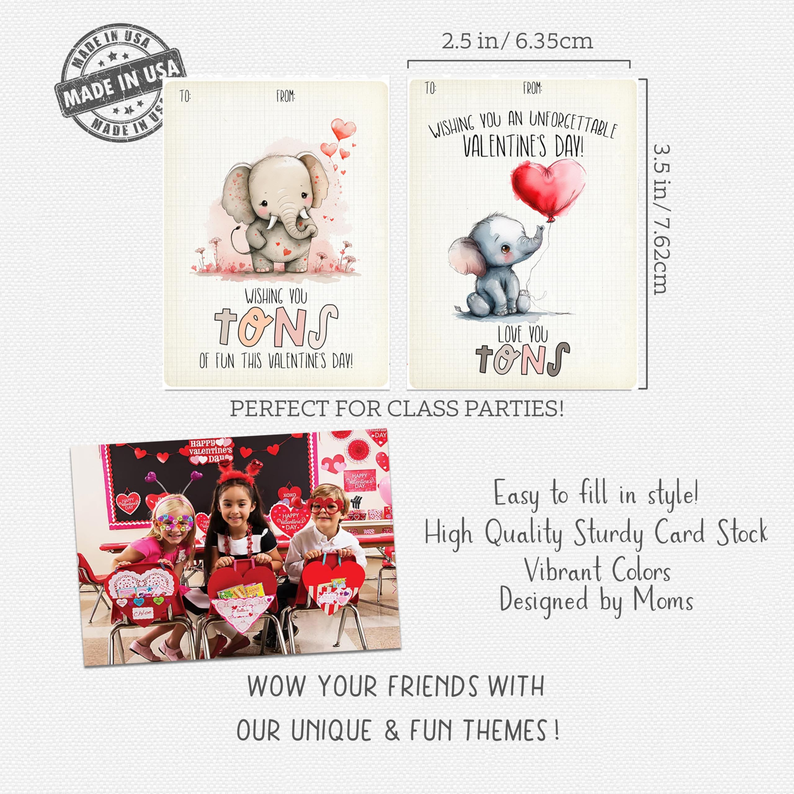 Watercolor Elephant Themed Valentine's Day Classroom Sharing Card Set of 24, Assorted Valentine Designs - Sending you a BIG Hug, Love you TONS