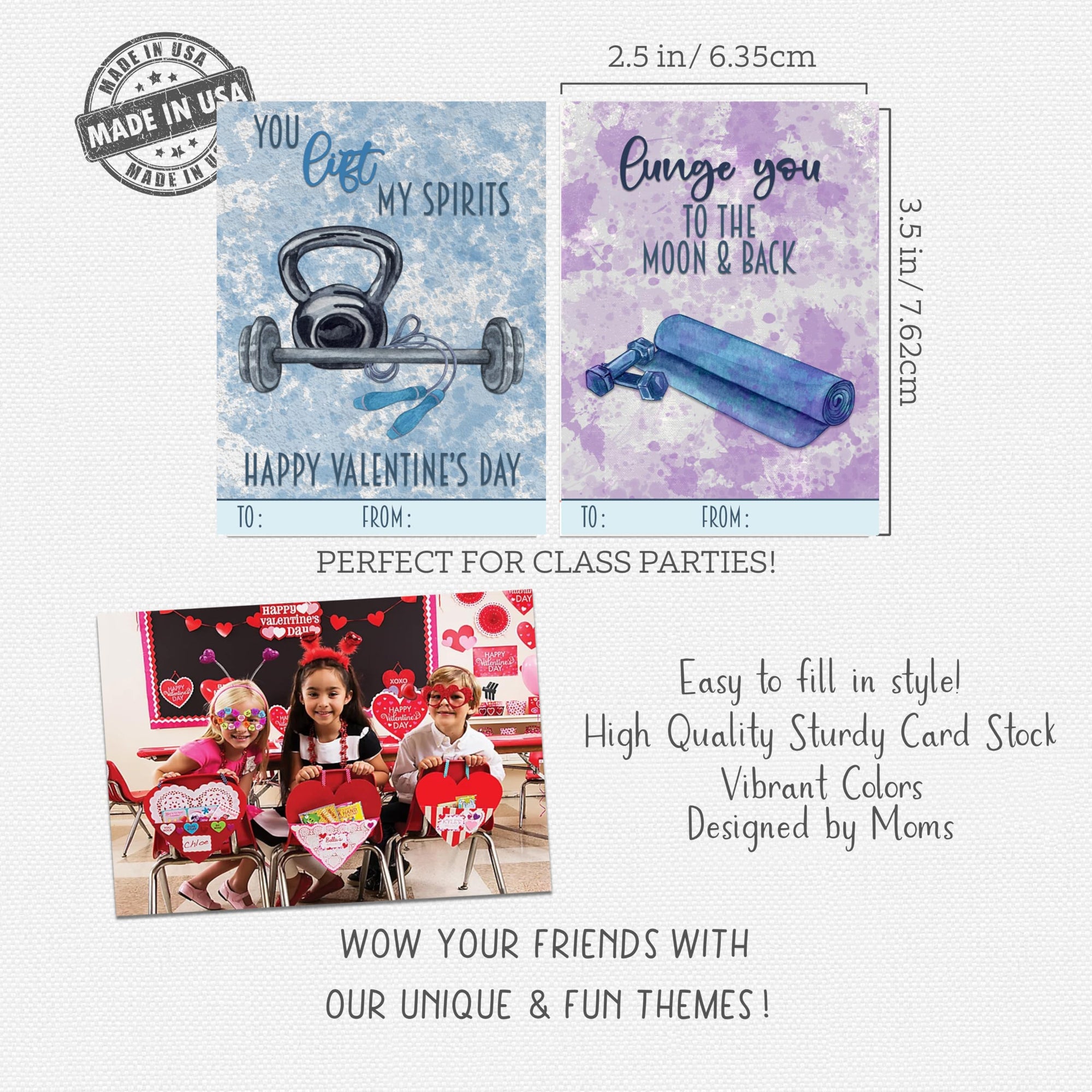 Workout Gym Weight Training Themed Valentines Day Card for Kids School Classroom Exchange
